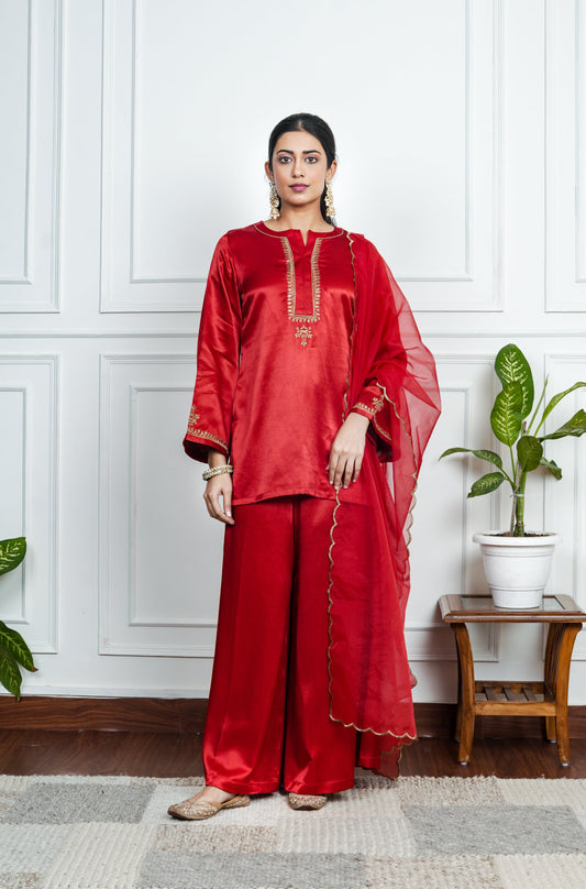 Red Gajji silk Embroiderd sharara set with elasticated waist pant and dupatta