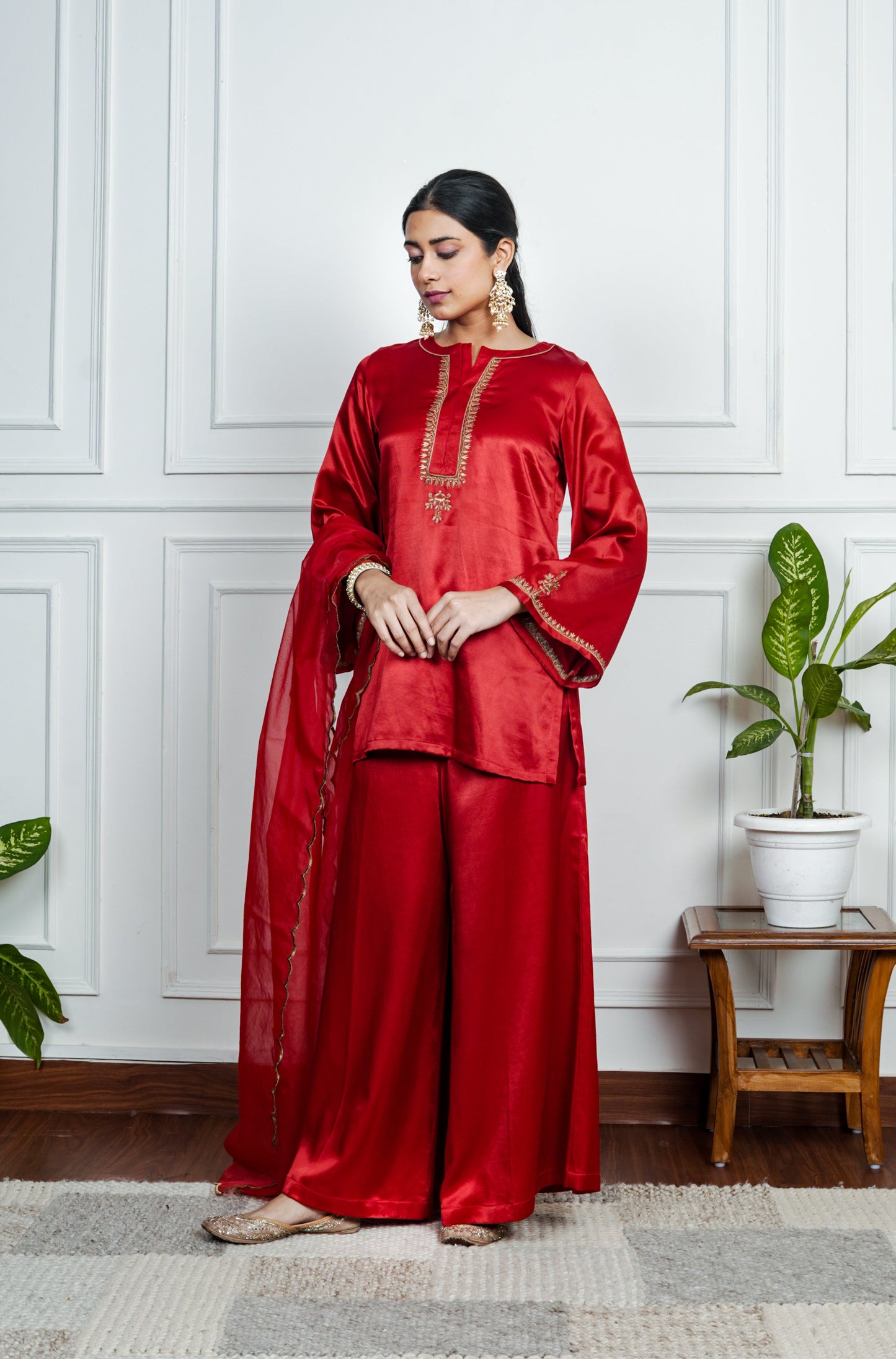 Red Gajji silk Embroiderd sharara set with elasticated waist pant and dupatta