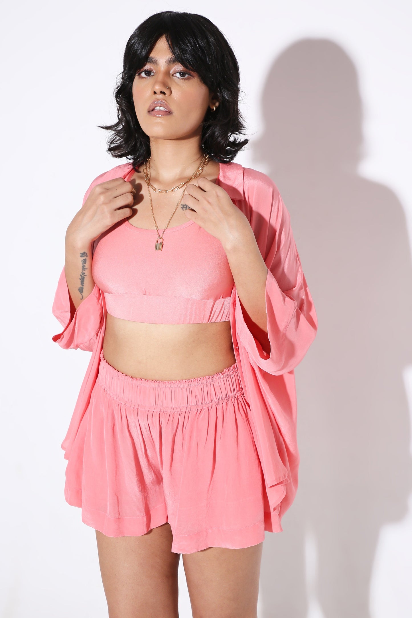 Relaxed fit Long Shirt and Flared Shorts Solid Color-Coord Set - Monokrom