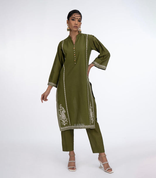 Mehandi Green Lawn Embroiderd co-ord set