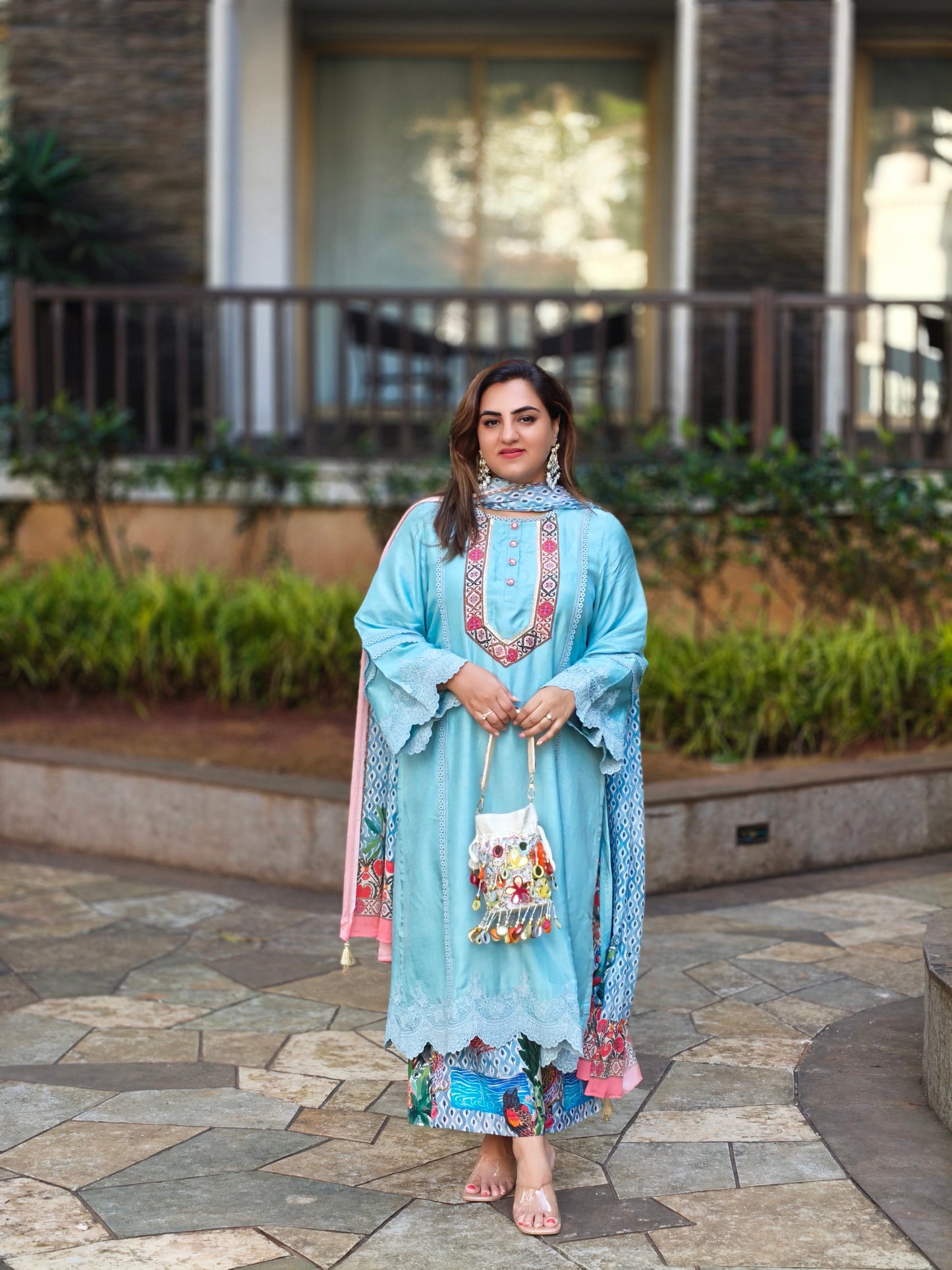 Sky Blue Dola Silk with Printed Multicolor Plazo with Dupatta