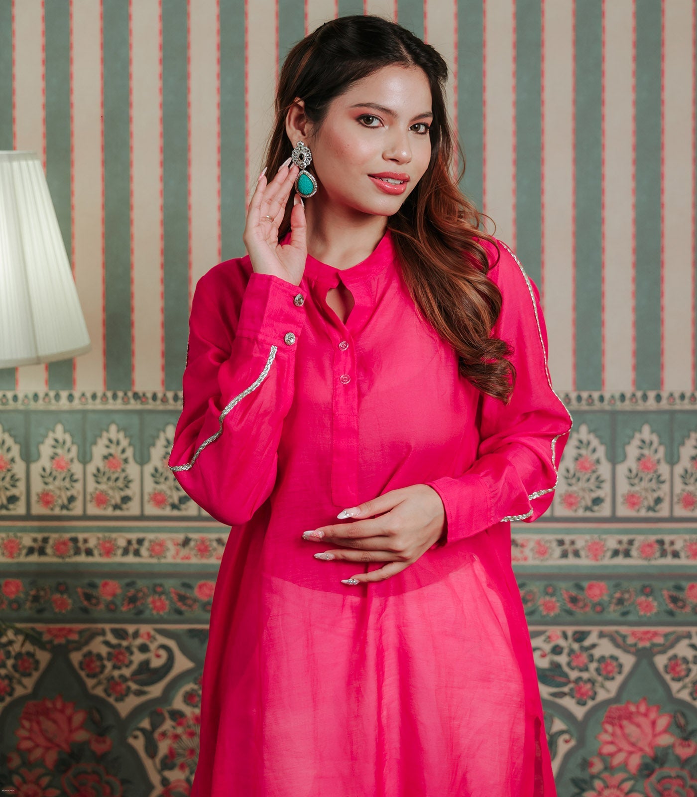 Pink Chanderi Kurta With Lace Detail