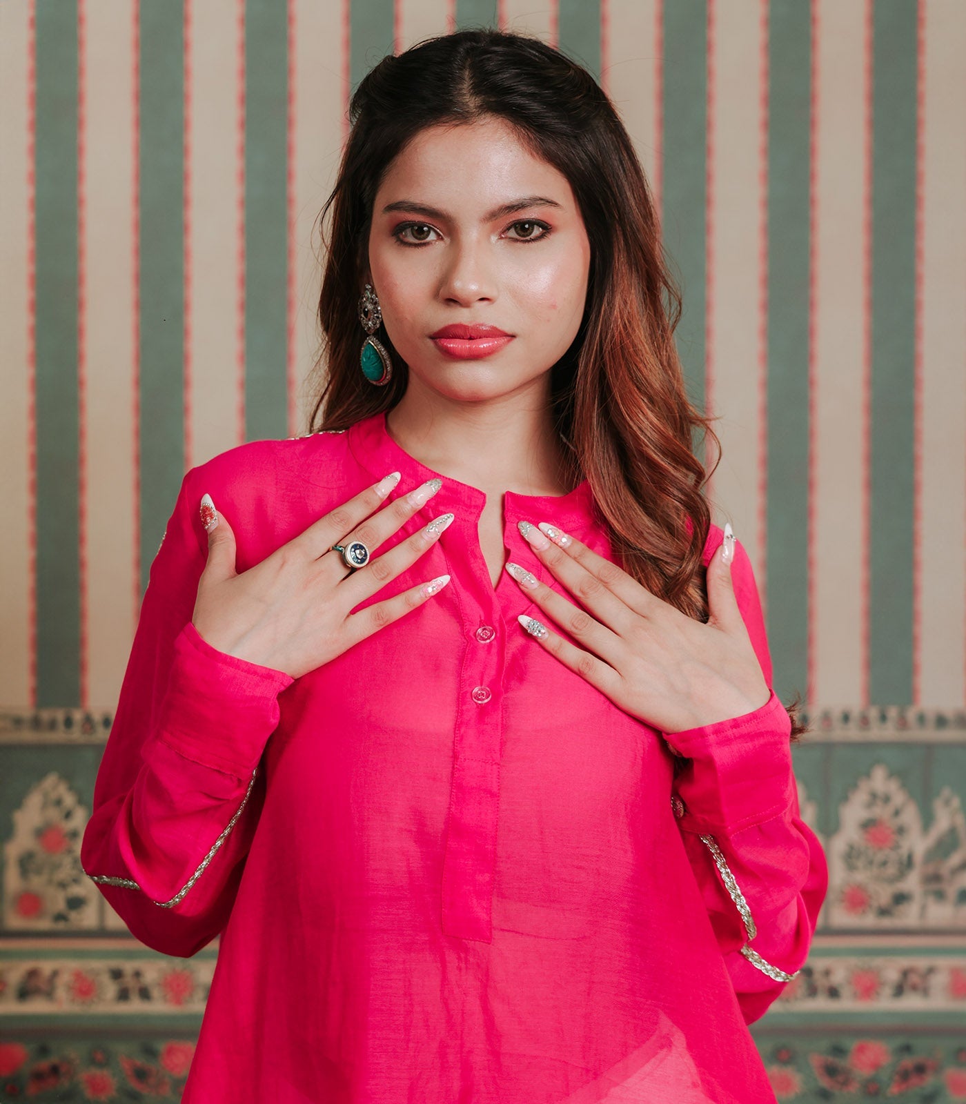 Pink Chanderi Kurta With Lace Detail