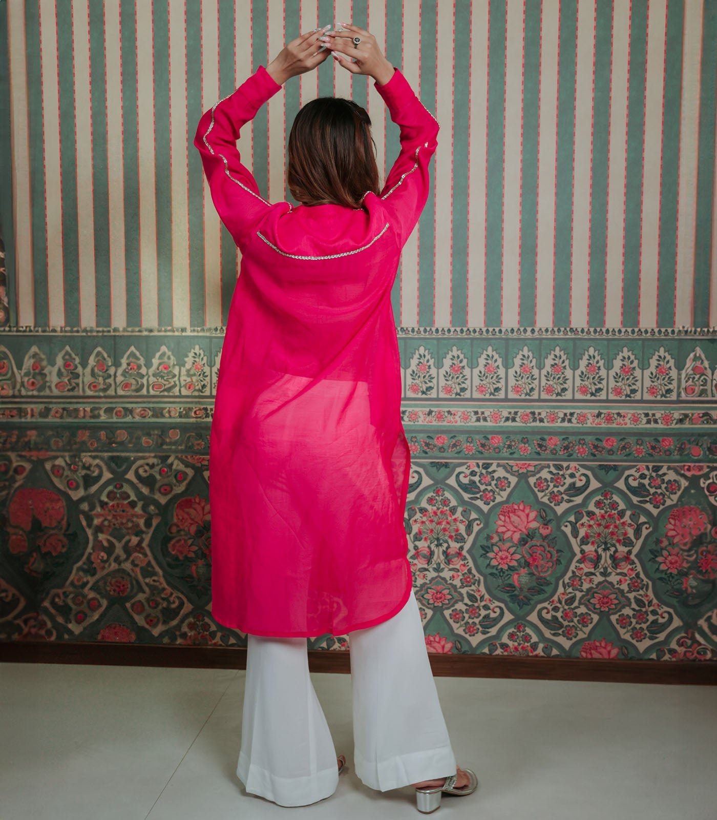 Pink Chanderi Kurta With Lace Detail