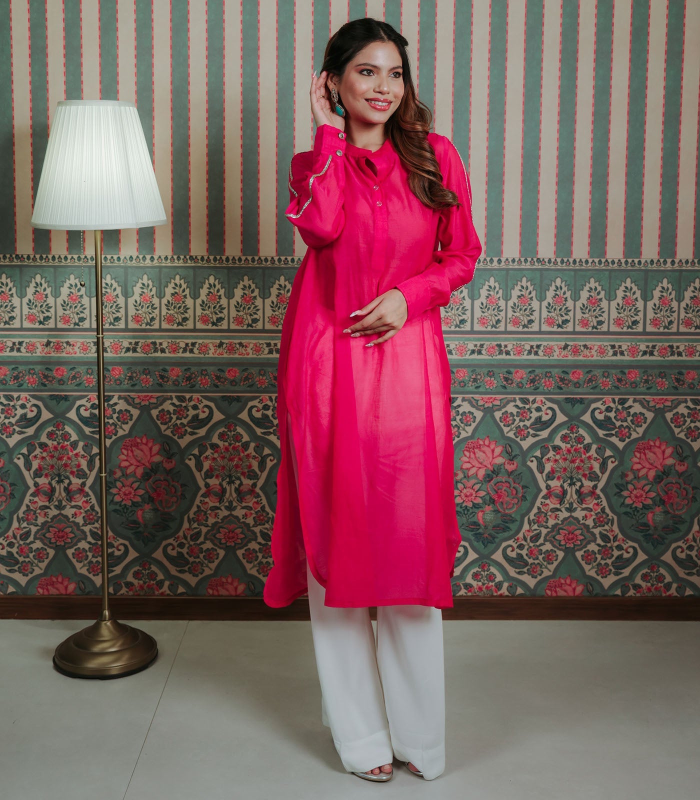 Pink Chanderi Kurta With Lace Detail