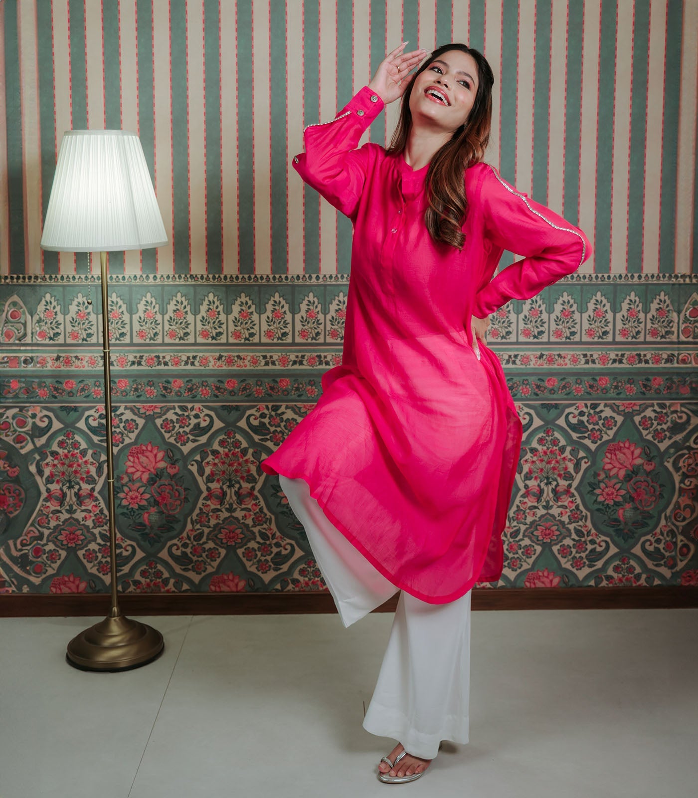 Pink Chanderi Kurta With Lace Detail