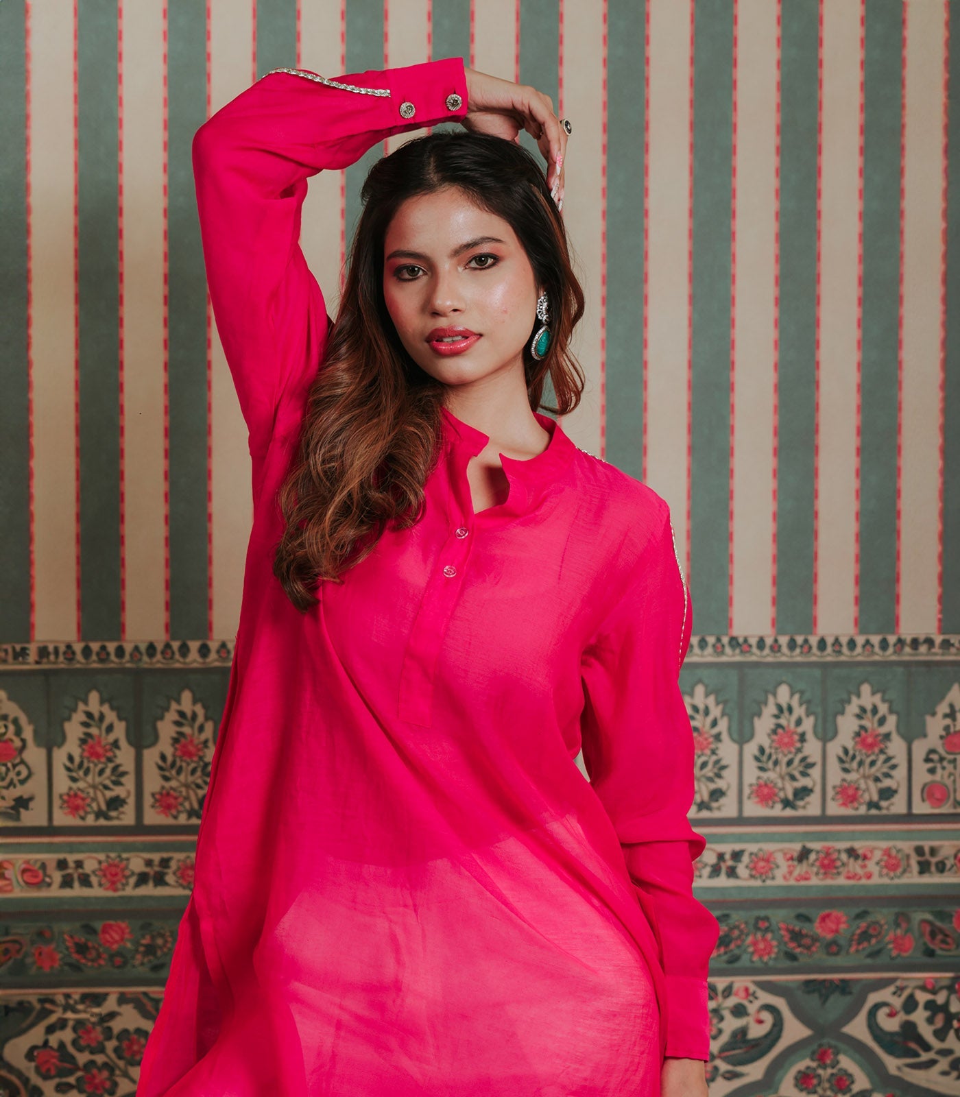 Pink Chanderi Kurta With Lace Detail