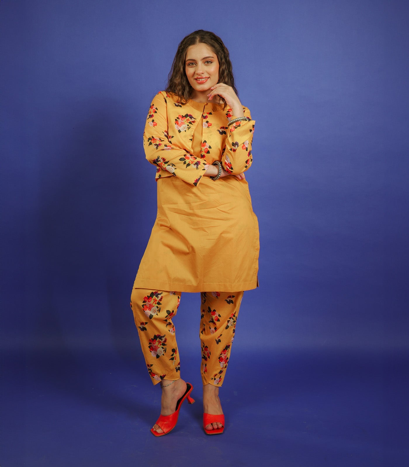 SAFFRON YELLOW CO ORD SET WITH PRINTED JACKET & BOTTOM