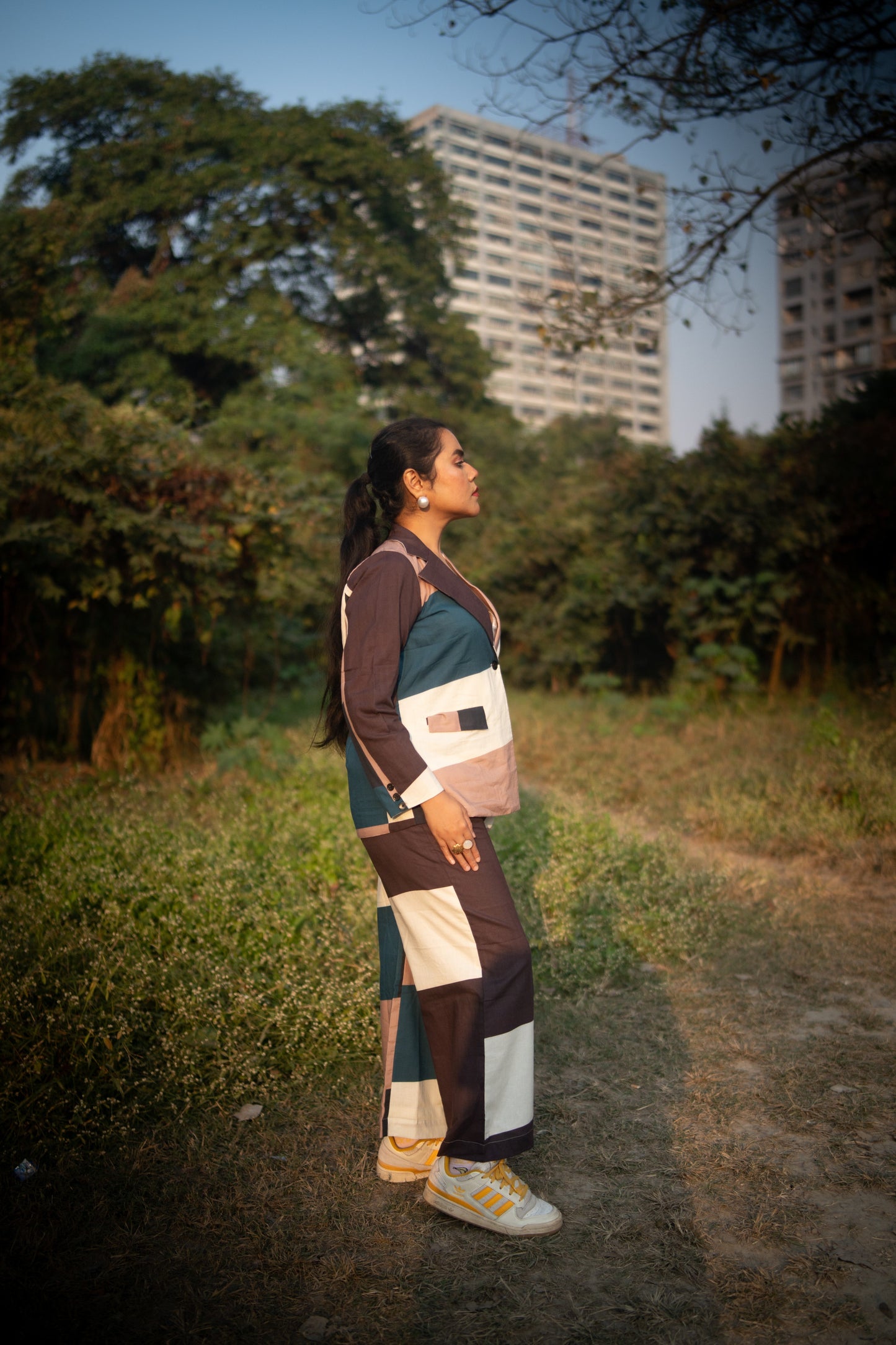 Peacock and Offwhite Geometric printed Jacket and Trouser(Set of 2)