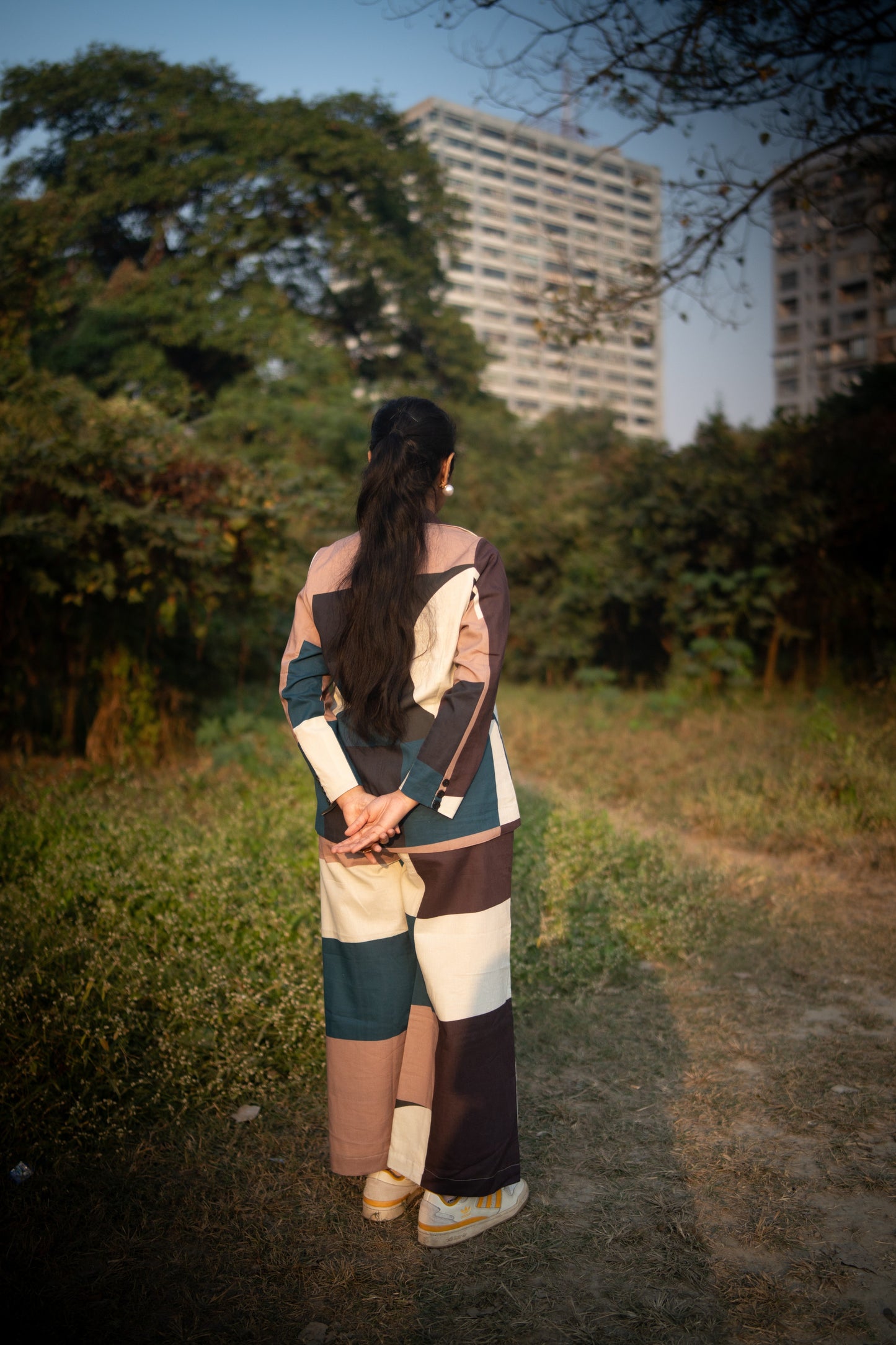 Peacock and Offwhite Geometric printed Jacket and Trouser(Set of 2)