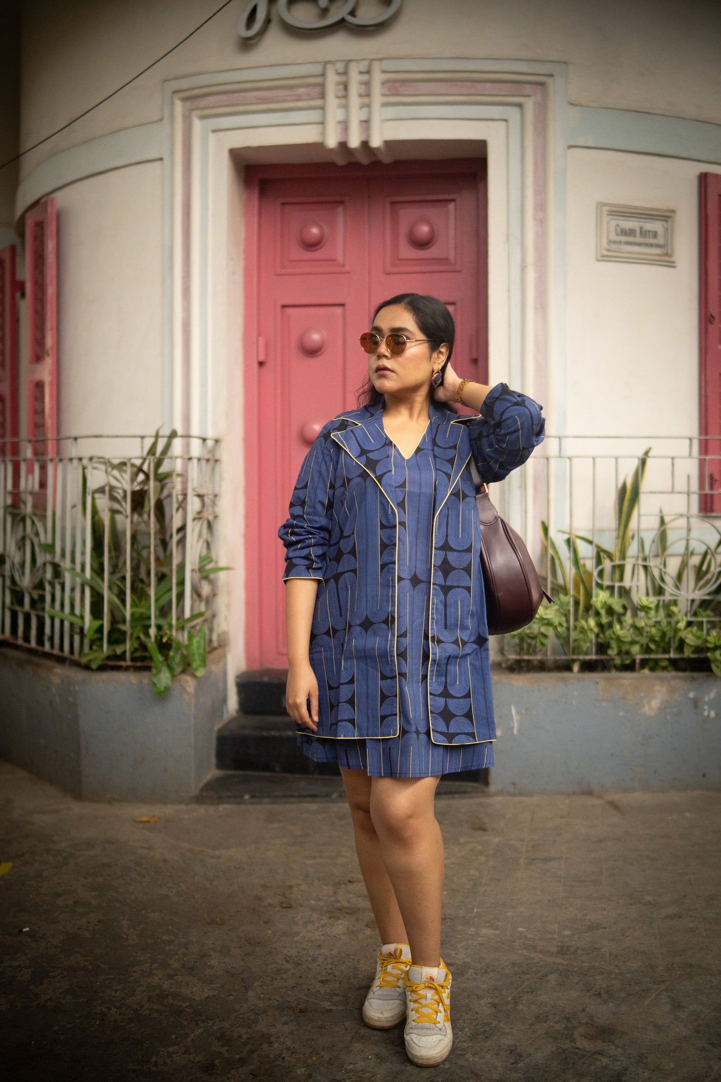 Blue&Black Geometric Printed Jacket and Sleeveless dress (Set of 2)