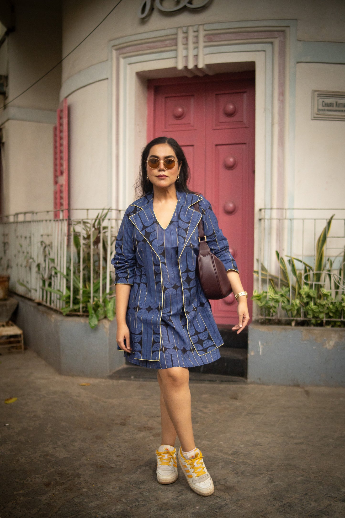 Blue&Black Geometric Printed Jacket and Sleeveless dress (Set of 2)
