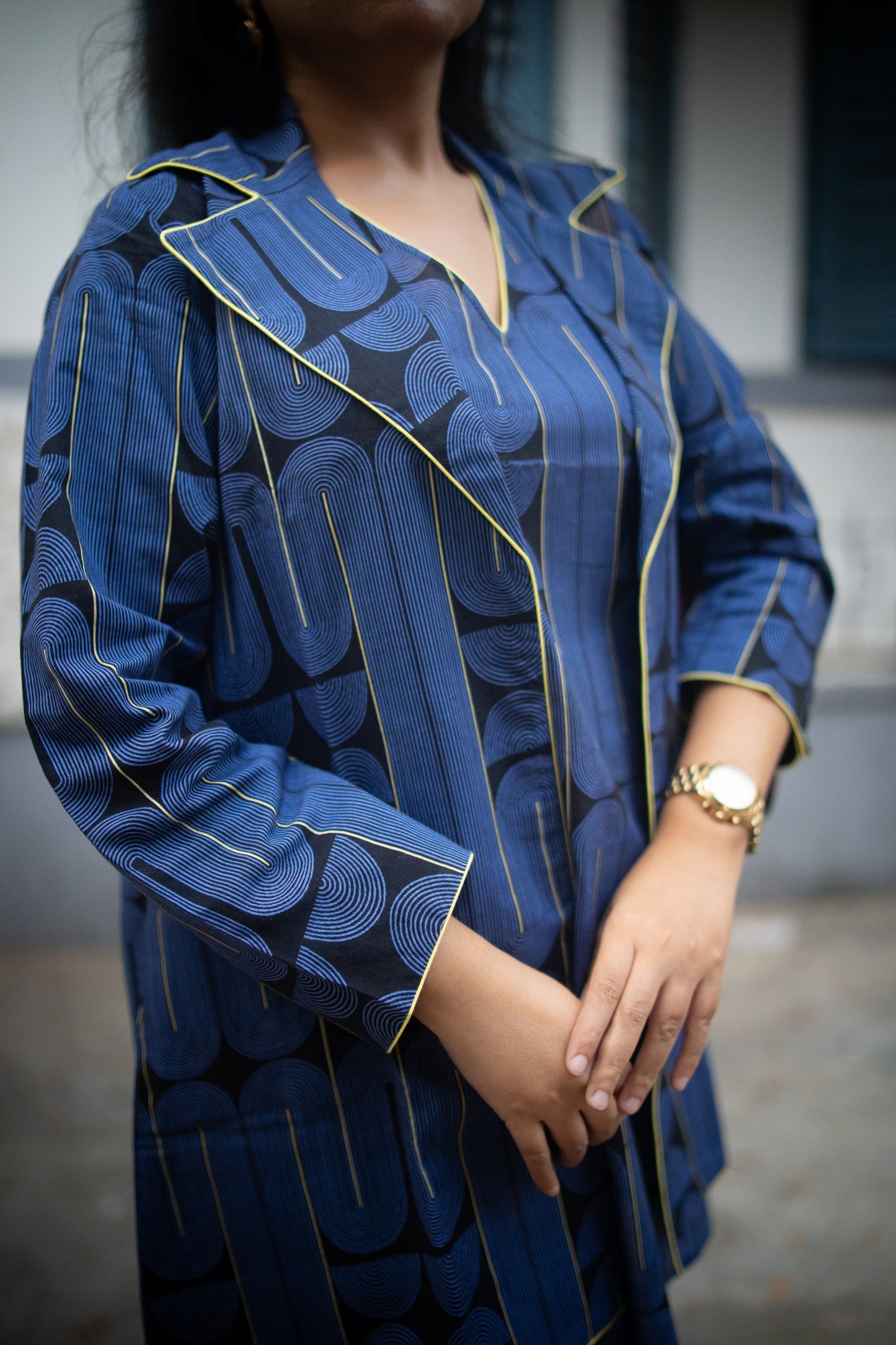 Blue&Black Geometric Printed Jacket and Sleeveless dress (Set of 2)