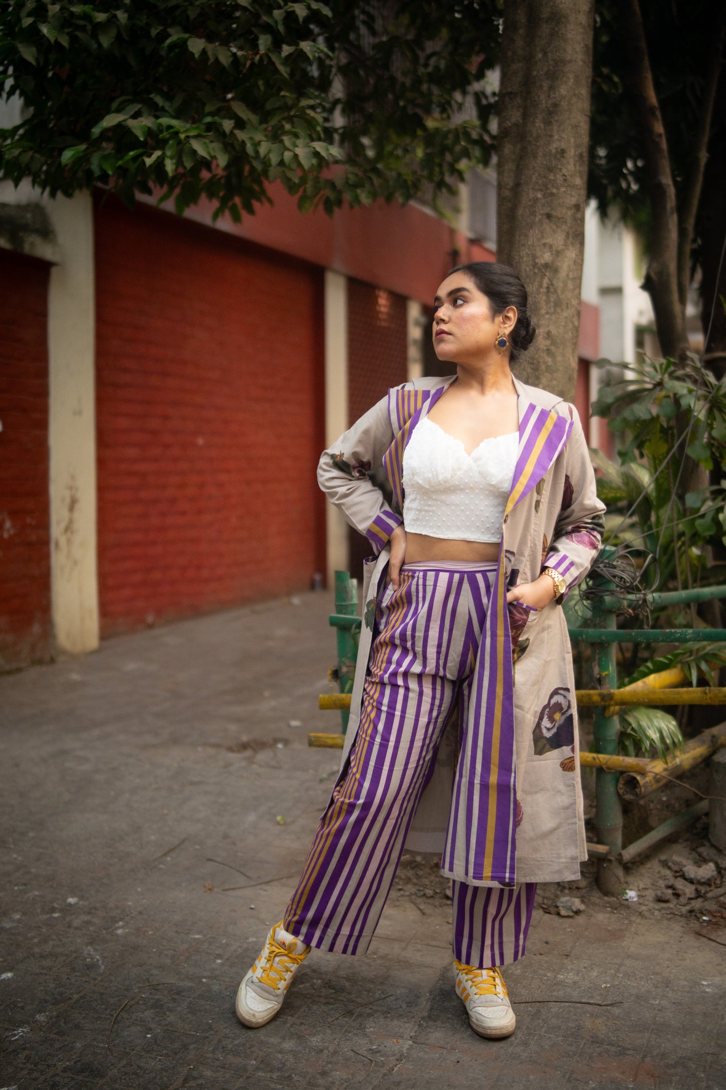 Grey Floral Printed Long Jacket and Purple stripes Pant (Set of 2)