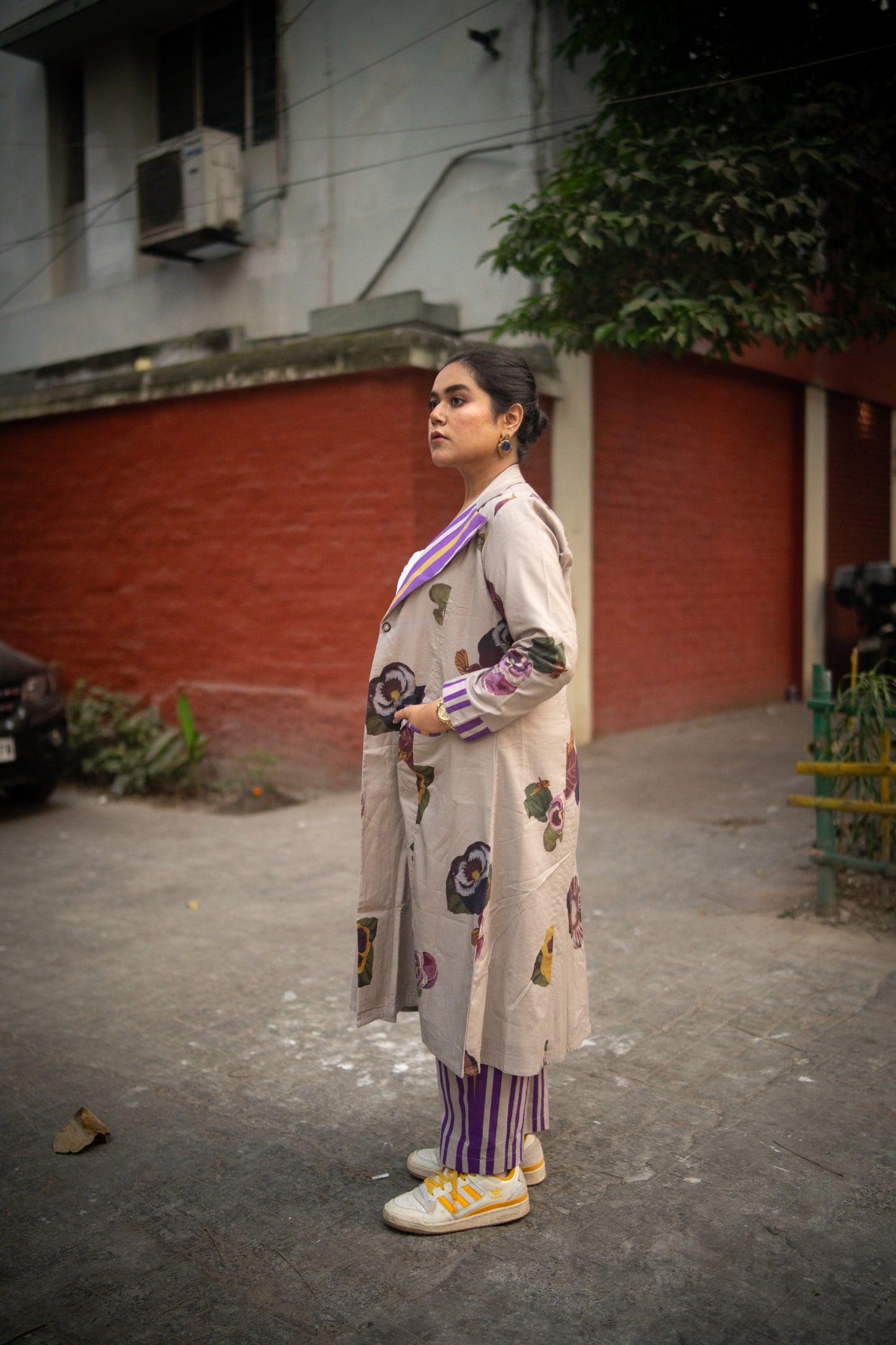 Grey Floral Printed Long Jacket and Purple stripes Pant (Set of 2)