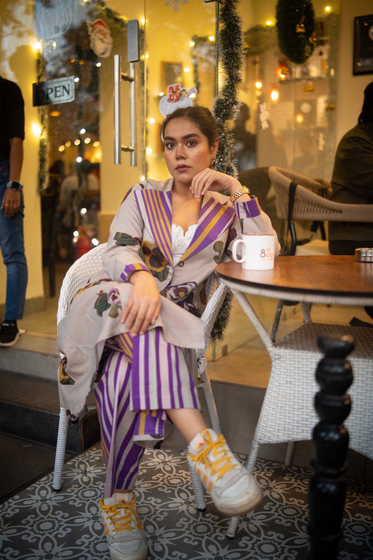 Grey Floral Printed Long Jacket and Purple stripes Pant (Set of 2)