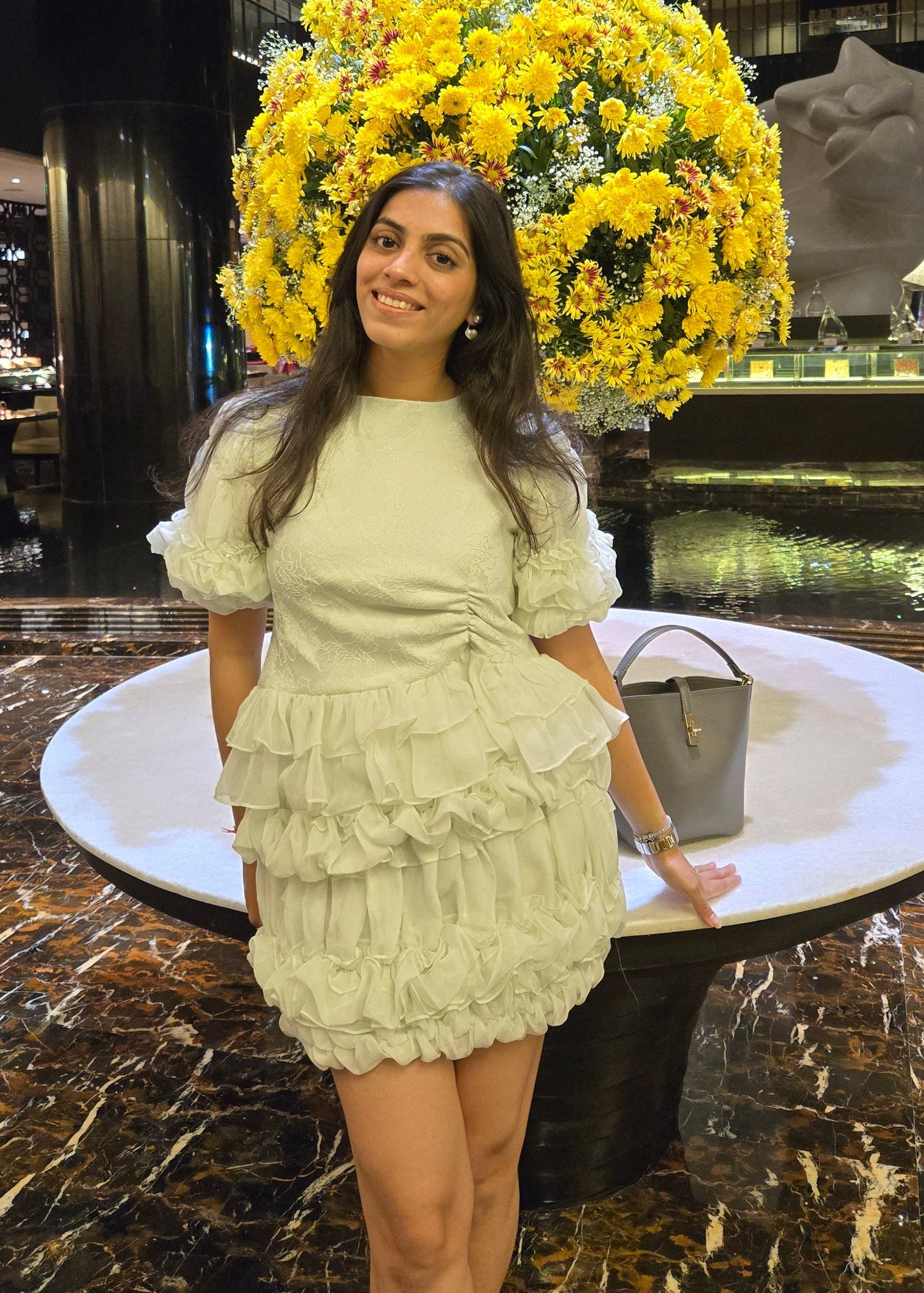 Pastel Green Jacquard Puff Sleeve Top & Layered Ruffle Skirt Set