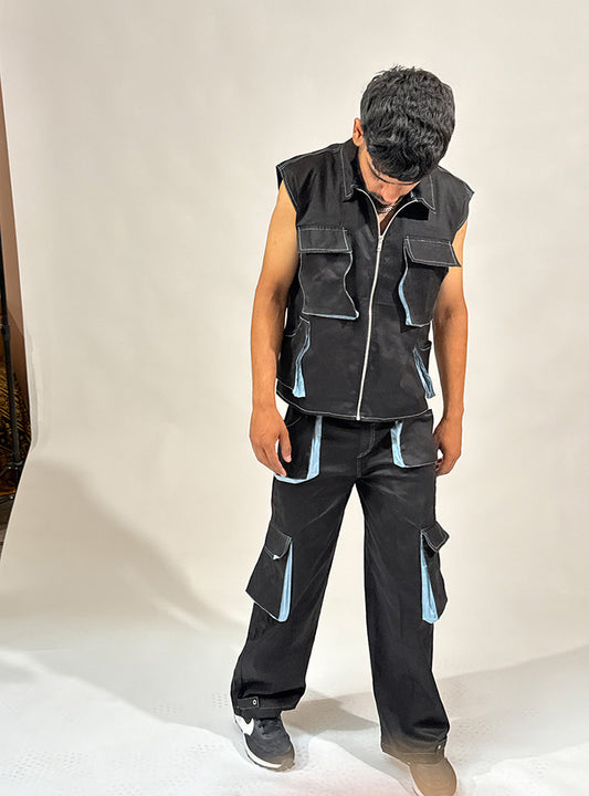 lahar black jacket pant set (powder blue detail)