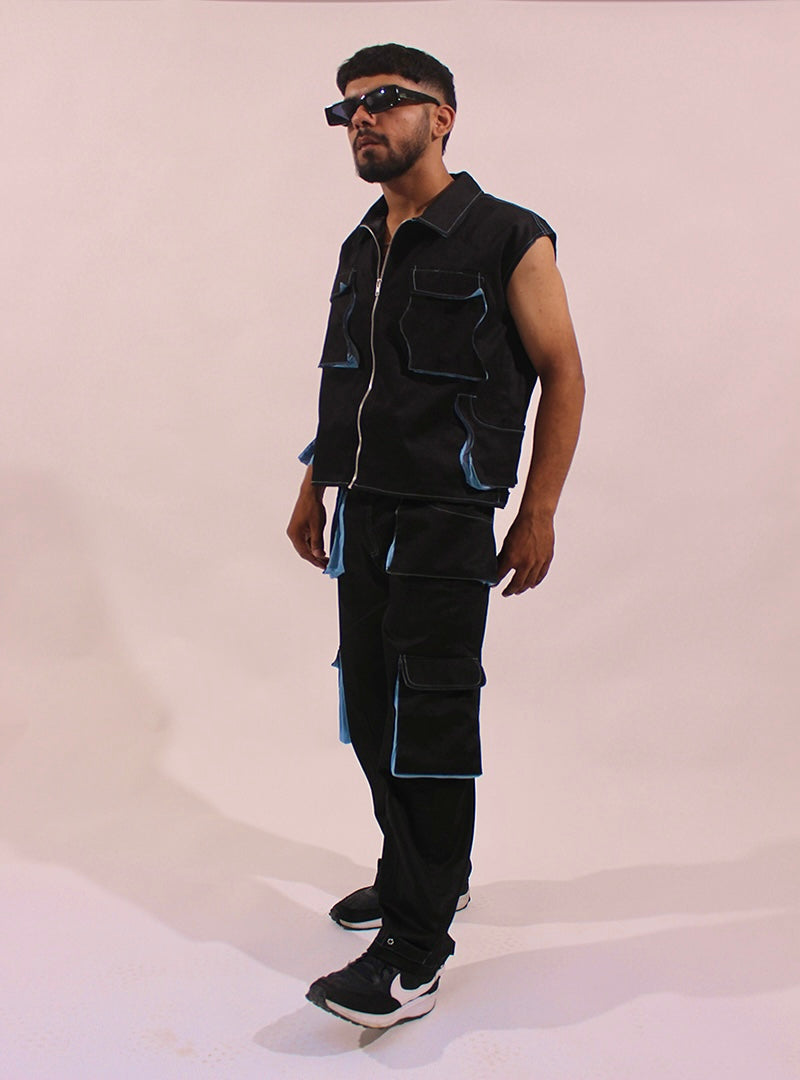 lahar black jacket pant set (powder blue detail)