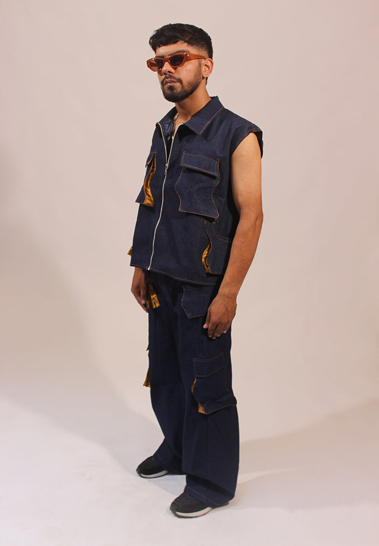lahar blue denim jacket sleeveless set
