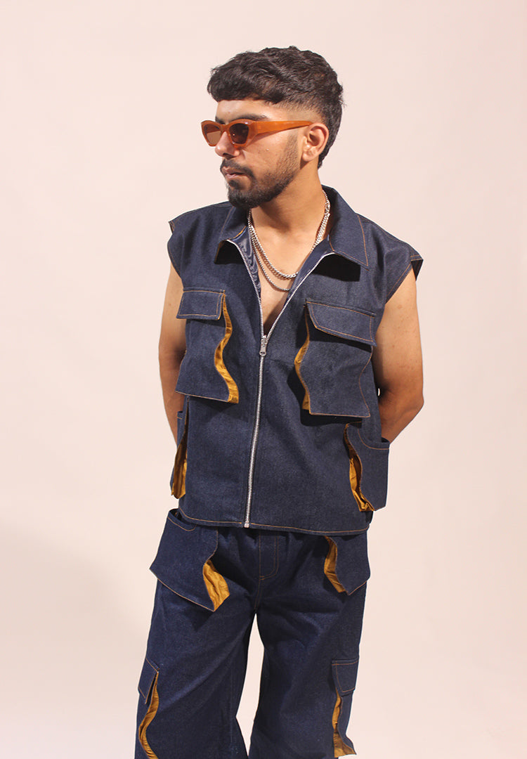 lahar blue denim jacket sleeveless set