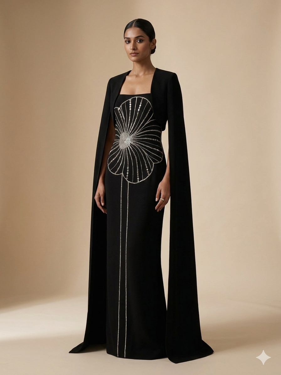 Black Flower Cocktail Cape Dress