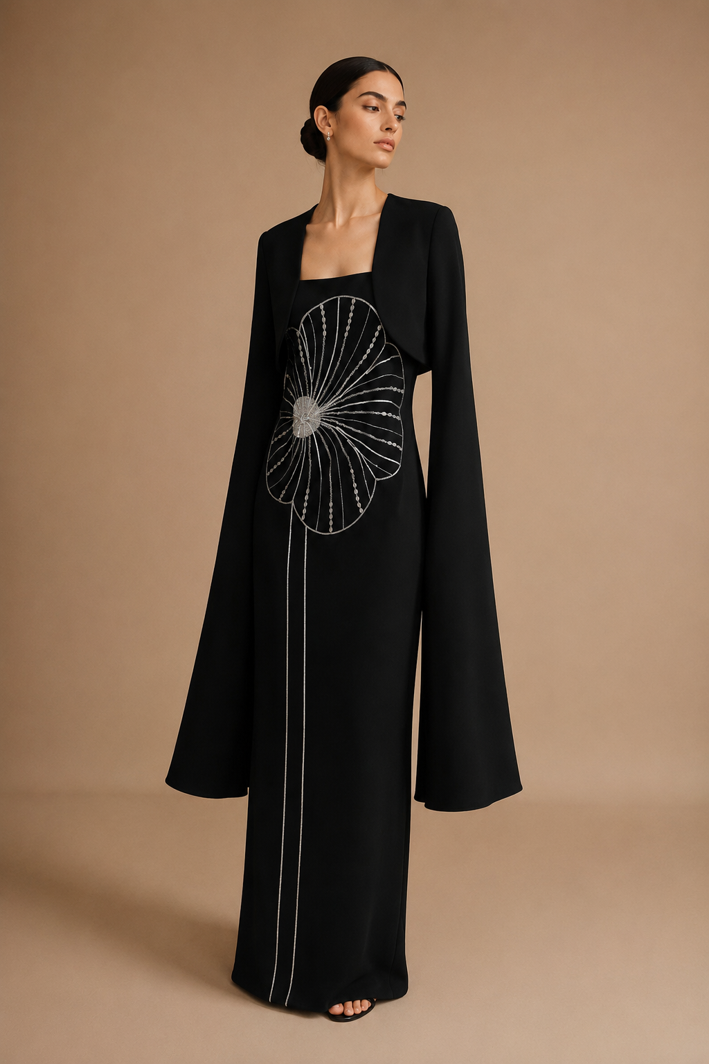 Black Flower Cocktail Cape Dress