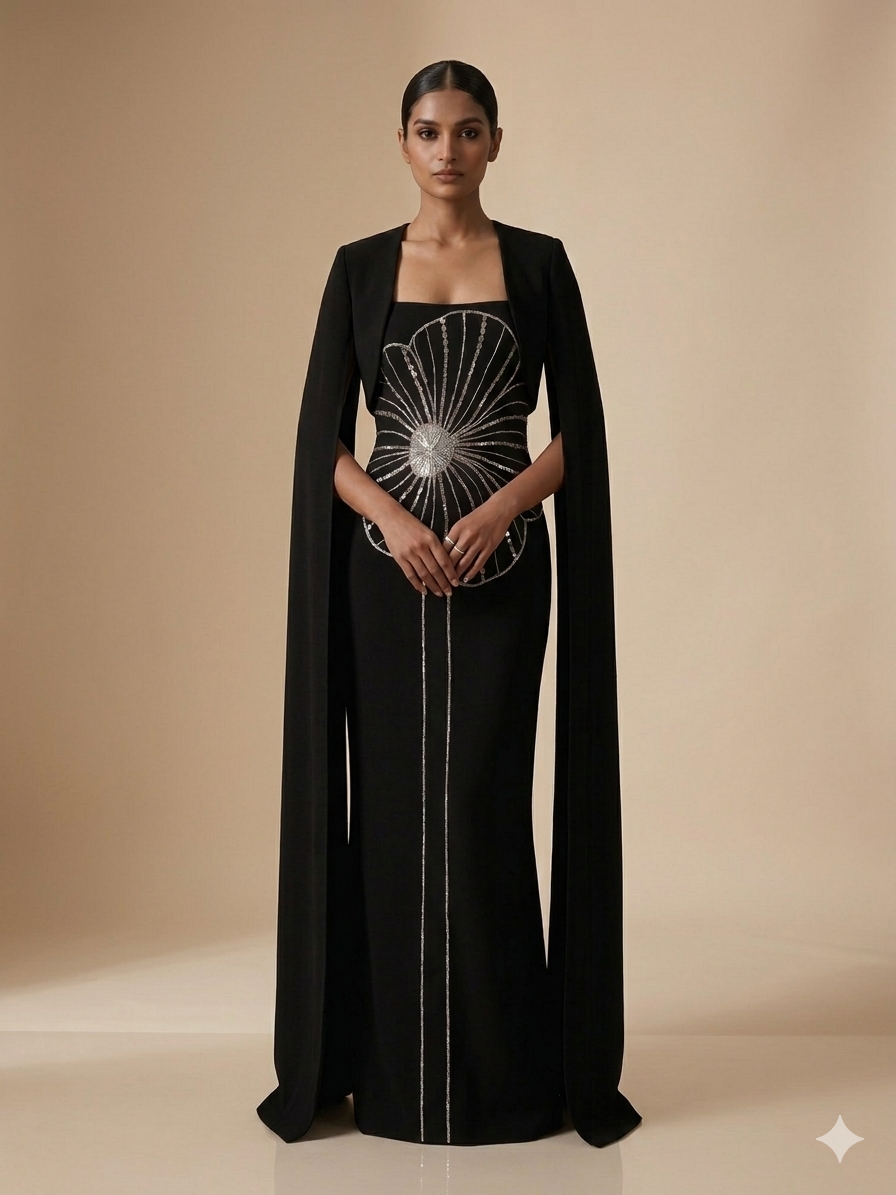 Black Flower Cocktail Cape Dress
