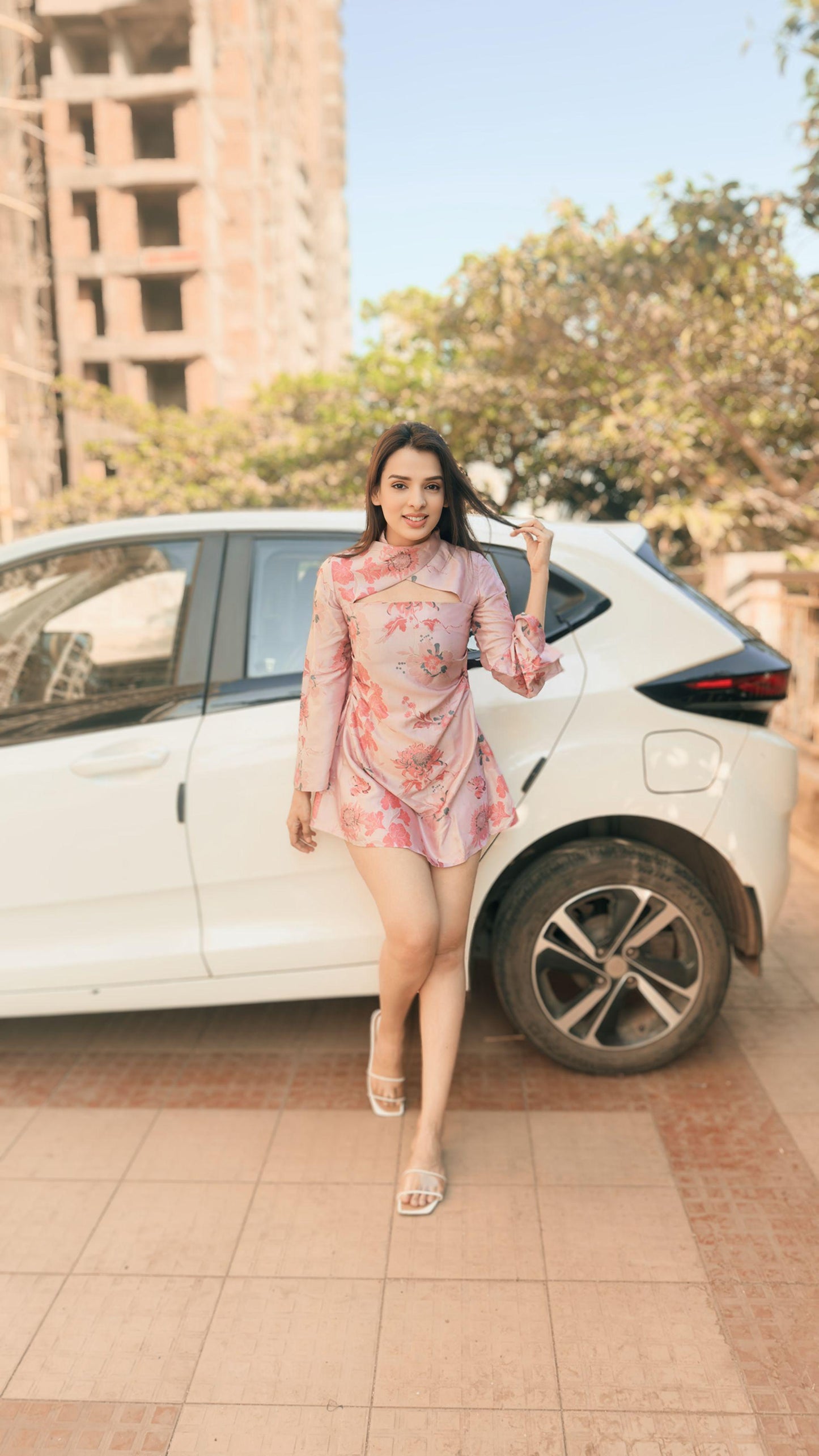 Iris Pink Flower Print Full Sleeve Short Dress with a Criss Cross Collar