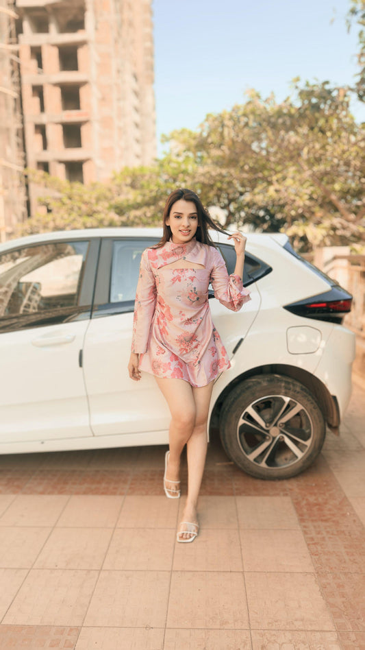 Iris Pink Flower Print Full Sleeve Short Dress with a Criss Cross Collar