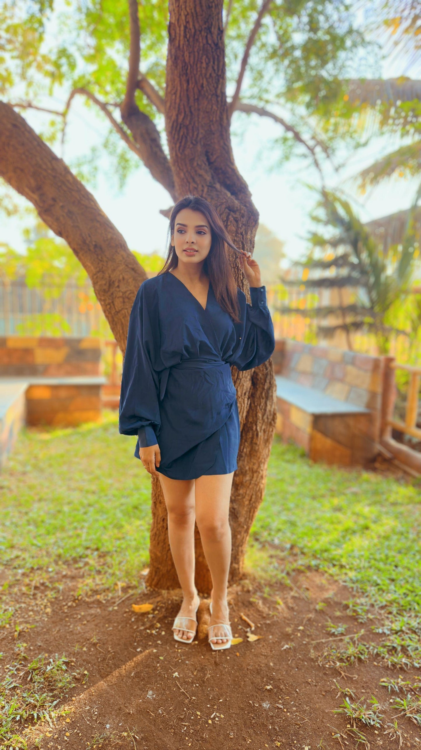 Diana Blue Wrap Around Short Dress with Puff Sleeves