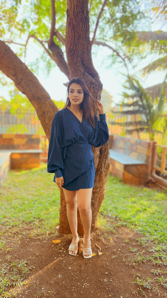 Diana Blue Wrap Around Short Dress with Puff Sleeves