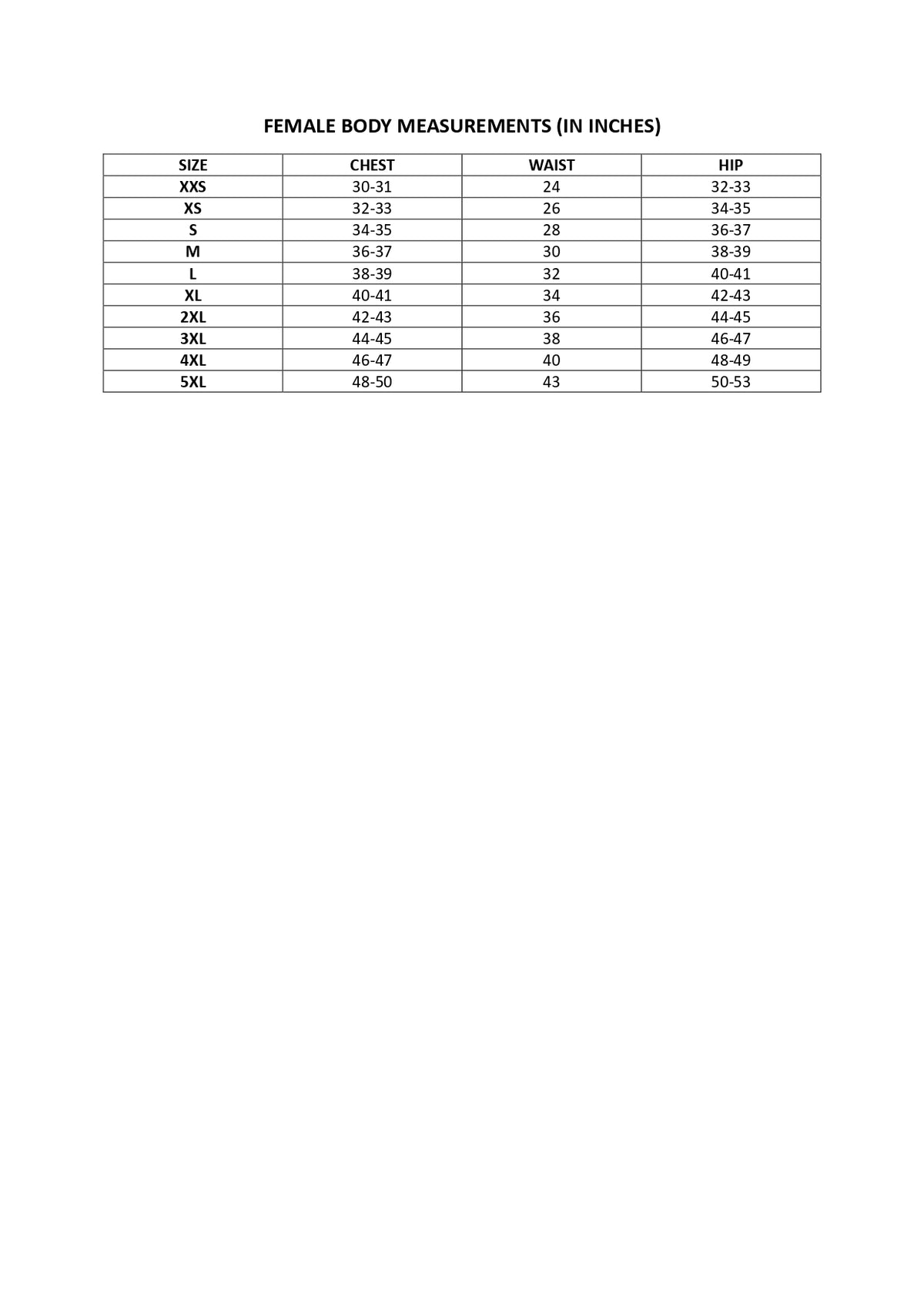 Size chart