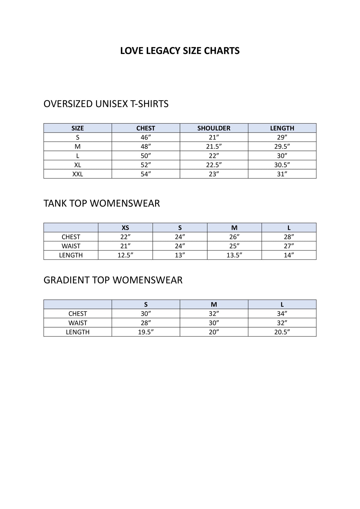 Size chart