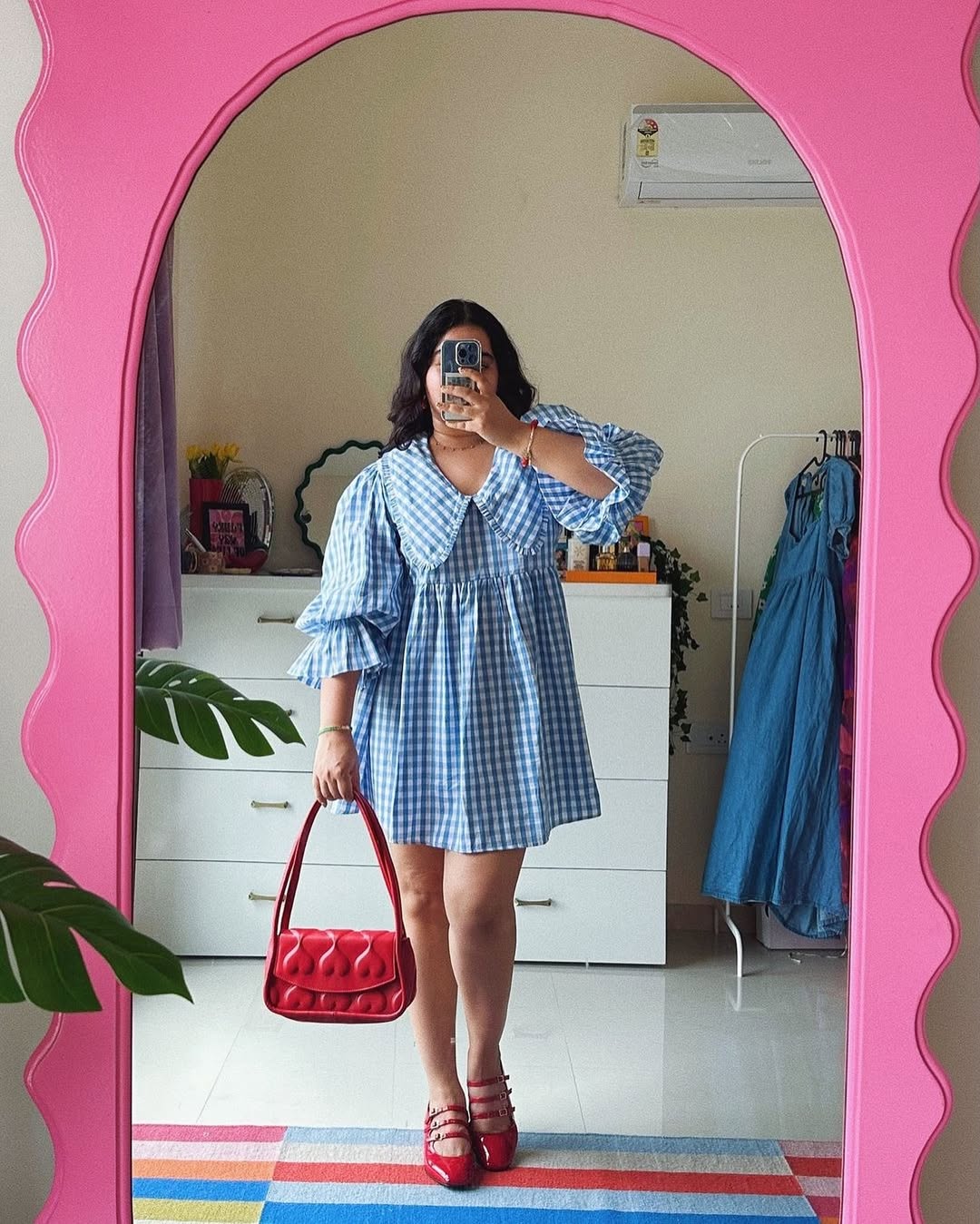 Blue Checked Flared Mini Dress