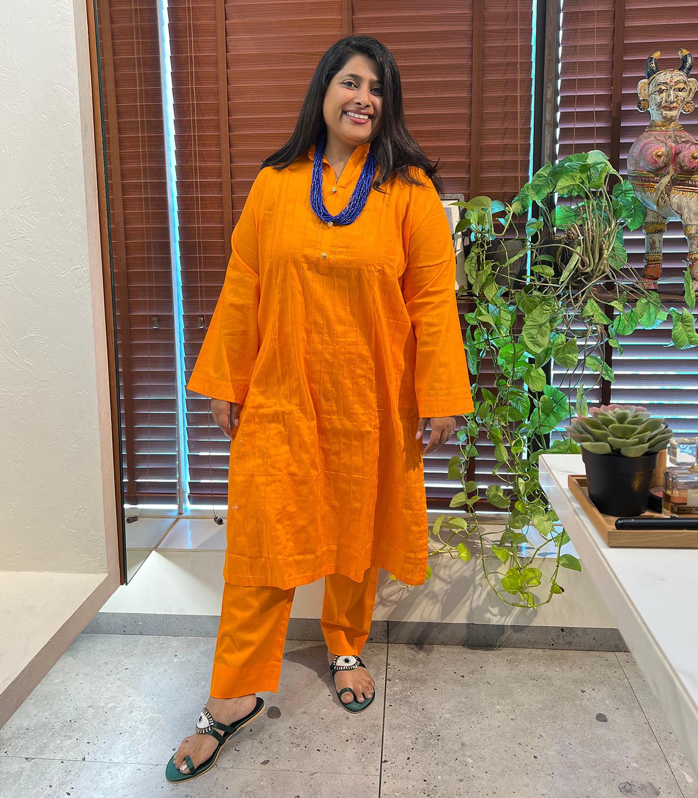 Electric Orange Cotton Long Kurta