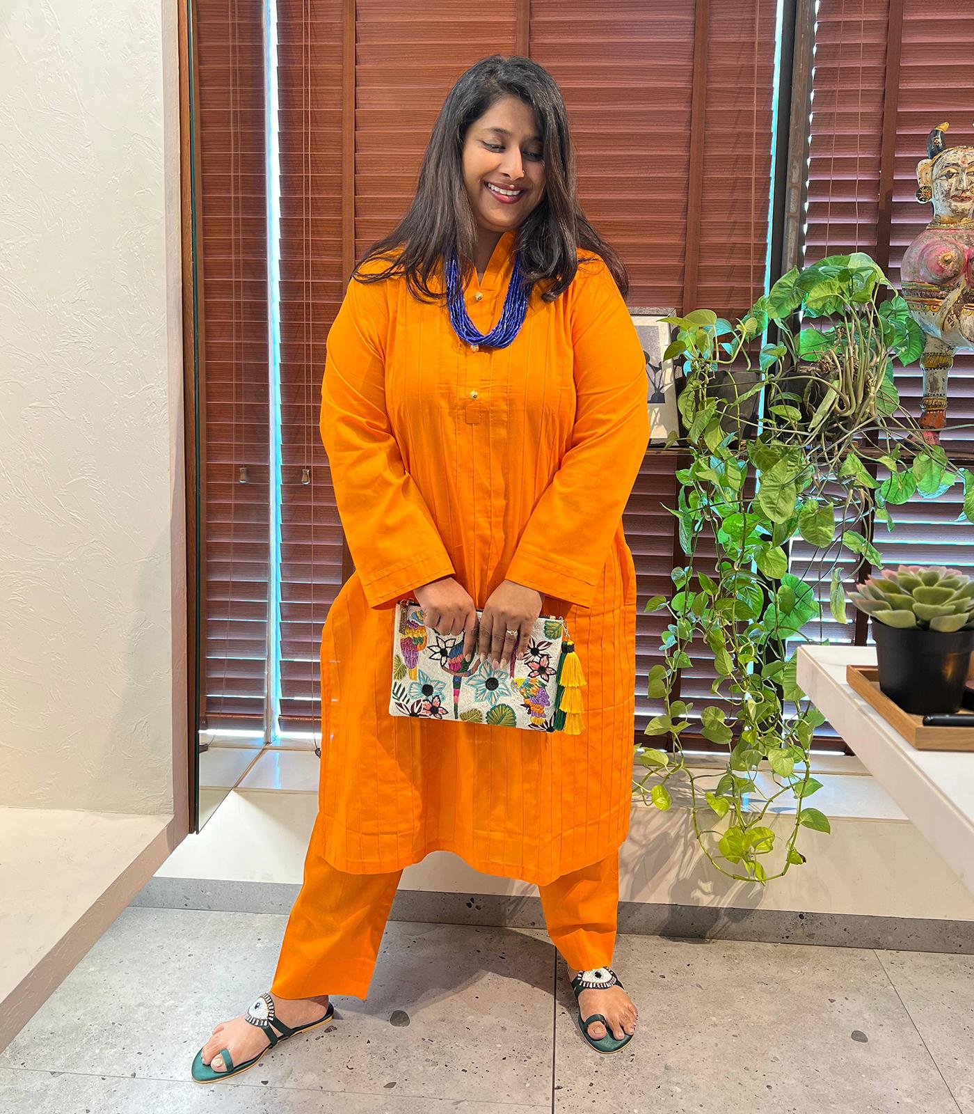 Electric Orange Cotton Long Kurta