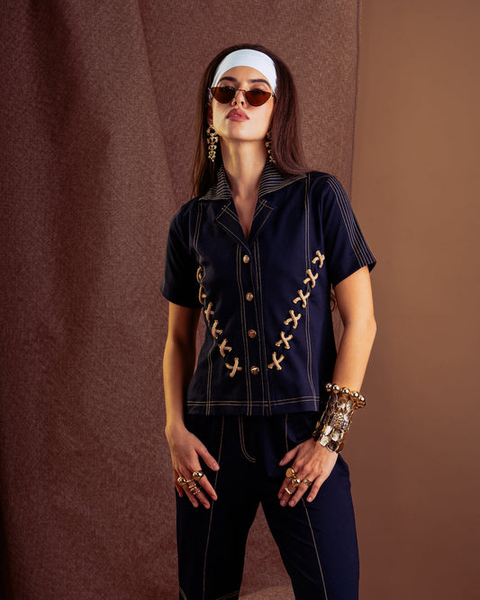 THE KNITTER BELTER COORD SET(NAVY KNIT)