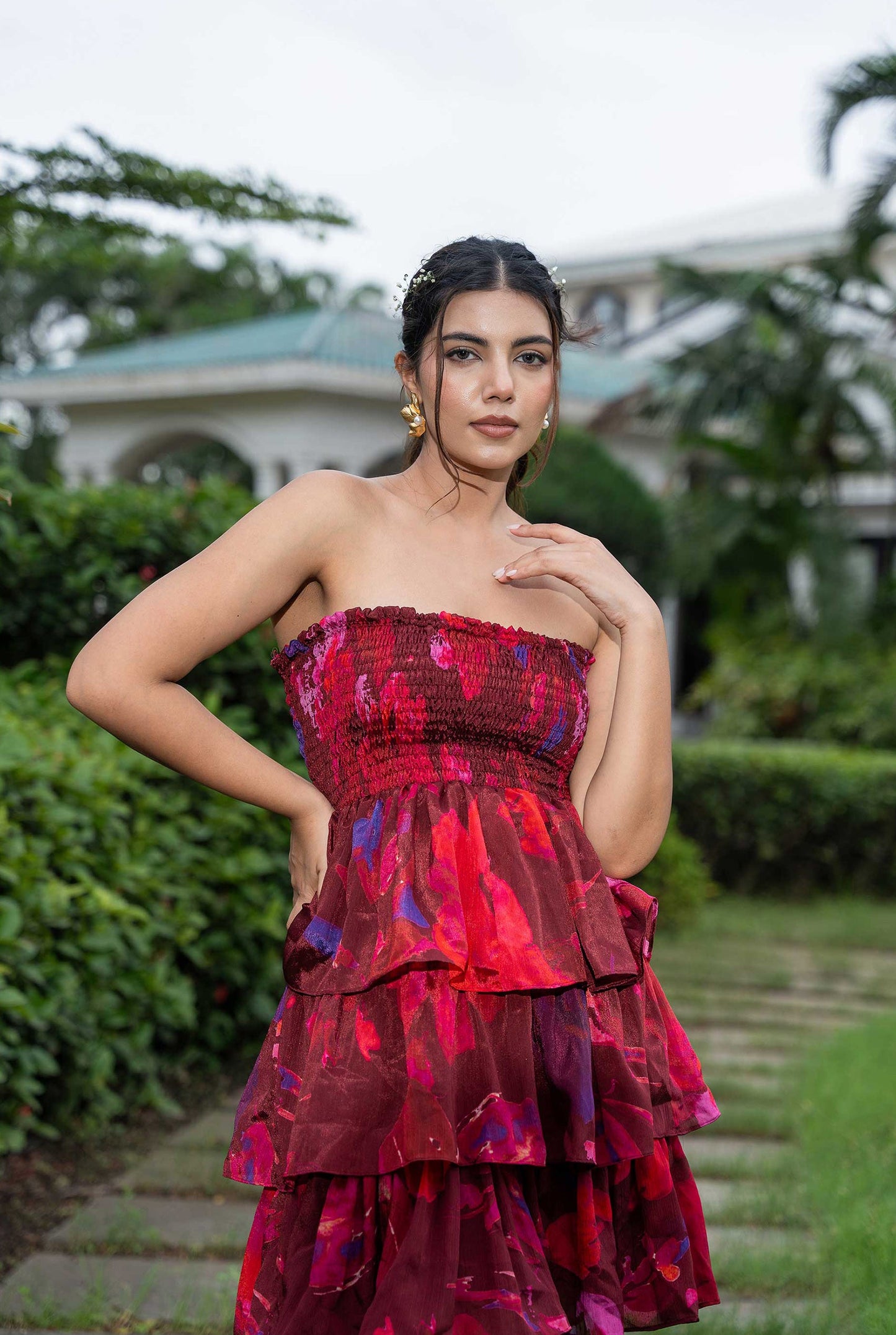 Red wine 2.0 Multi Color Floral Print Tube Dress With Three Layer ruffle