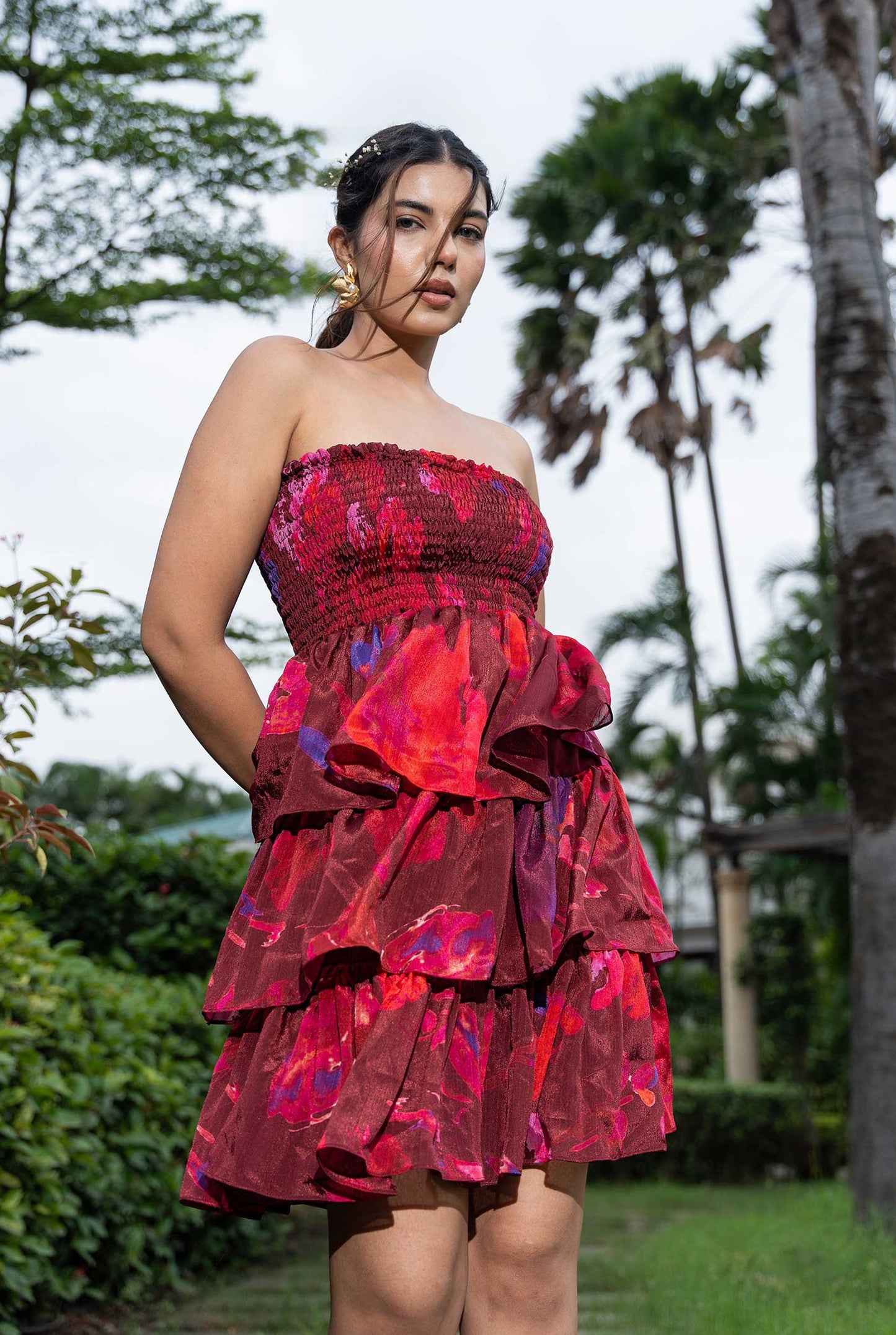 Red wine 2.0 Multi Color Floral Print Tube Dress With Three Layer ruffle