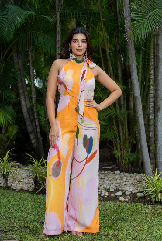 Flirty floss Abstract Print Halter Jumpsuit