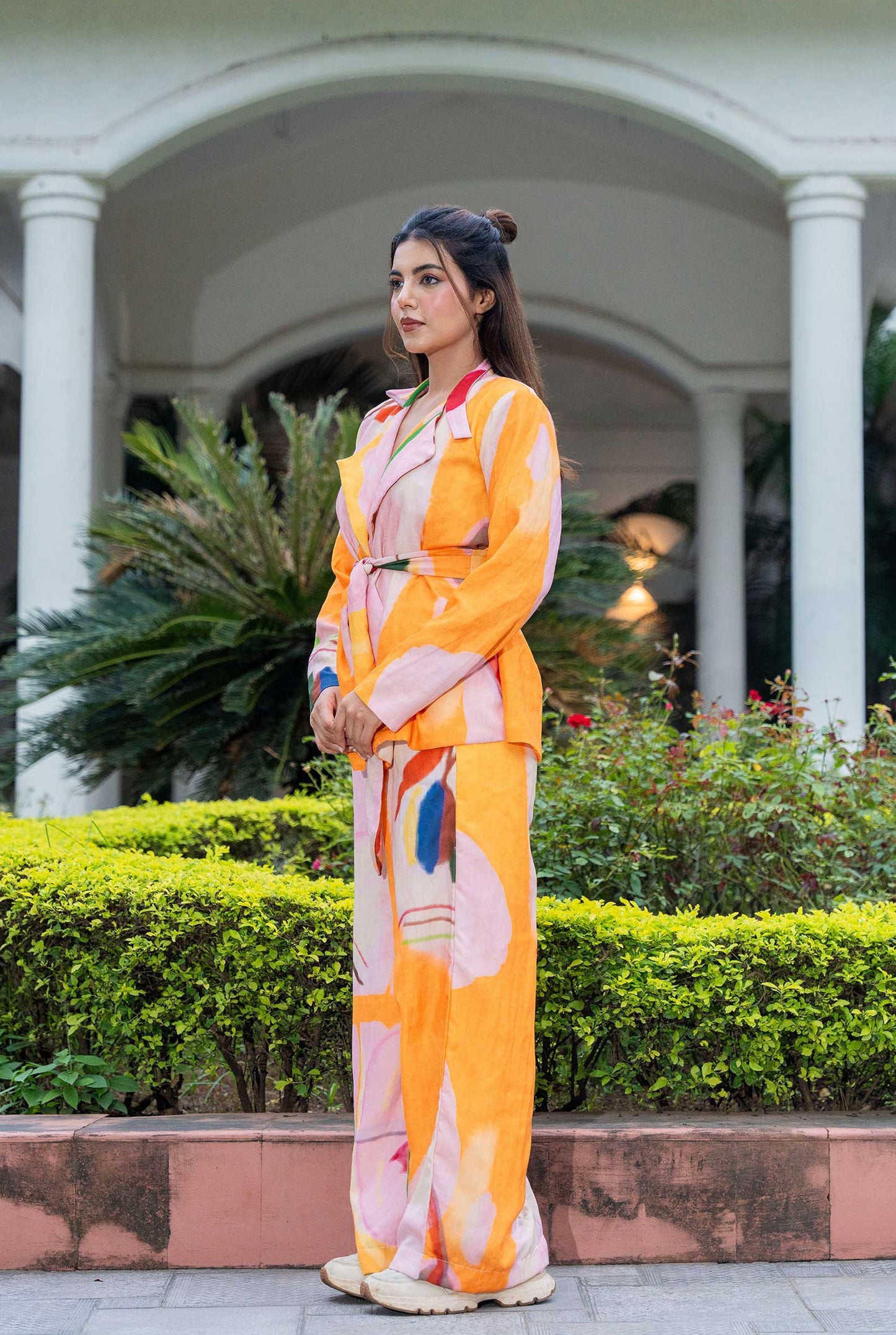 Cool girl Abstract Printed Blazer Co-ord Set with belt