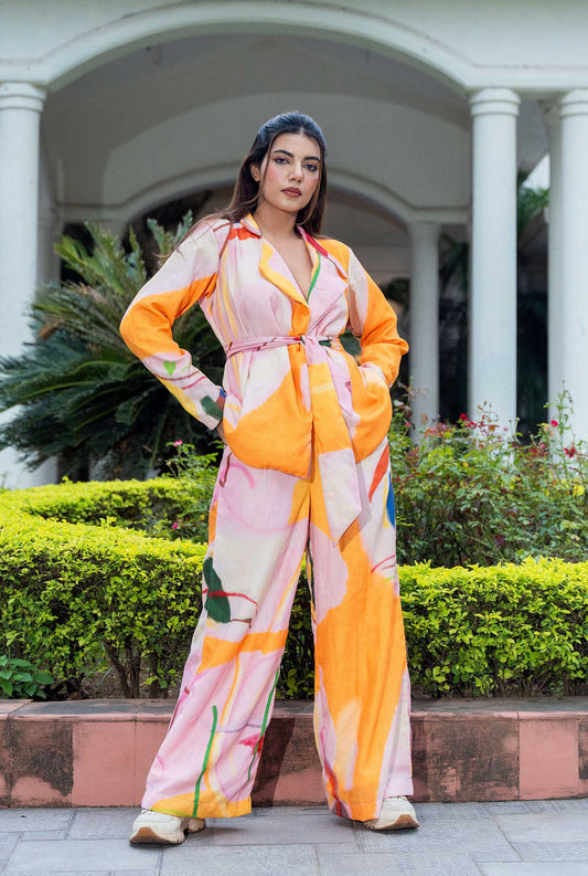 Cool girl Abstract Printed Blazer Co-ord Set with belt