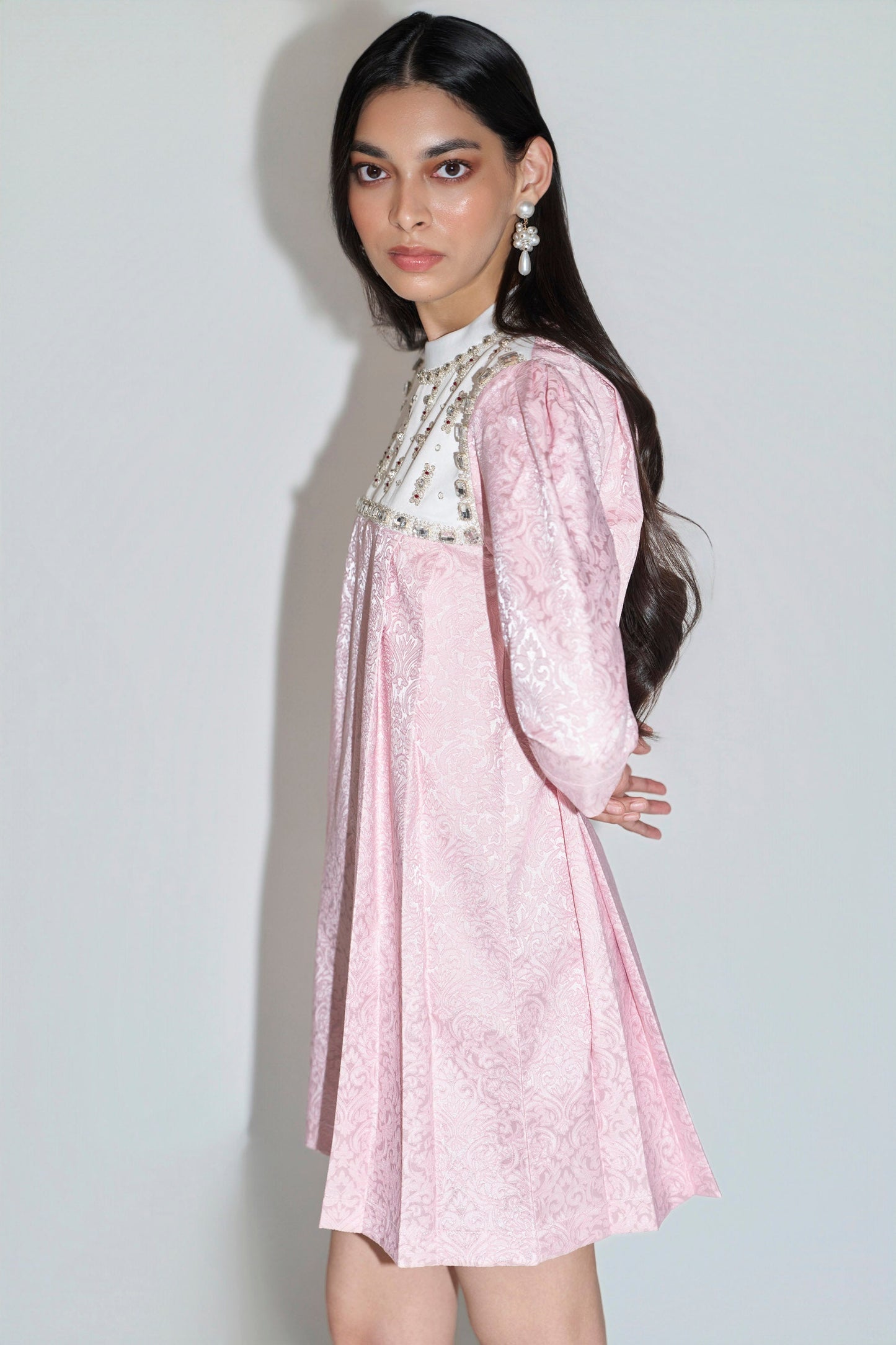 Pink Jacquard Embellished Mini Dress