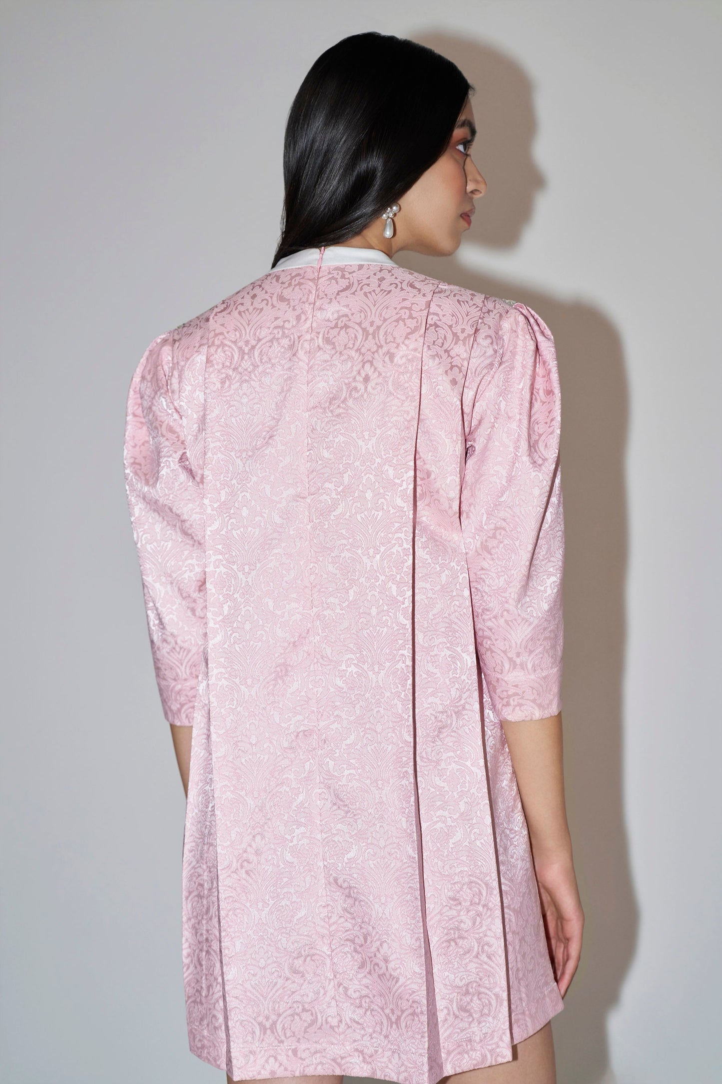 Pink Jacquard Embellished Mini Dress