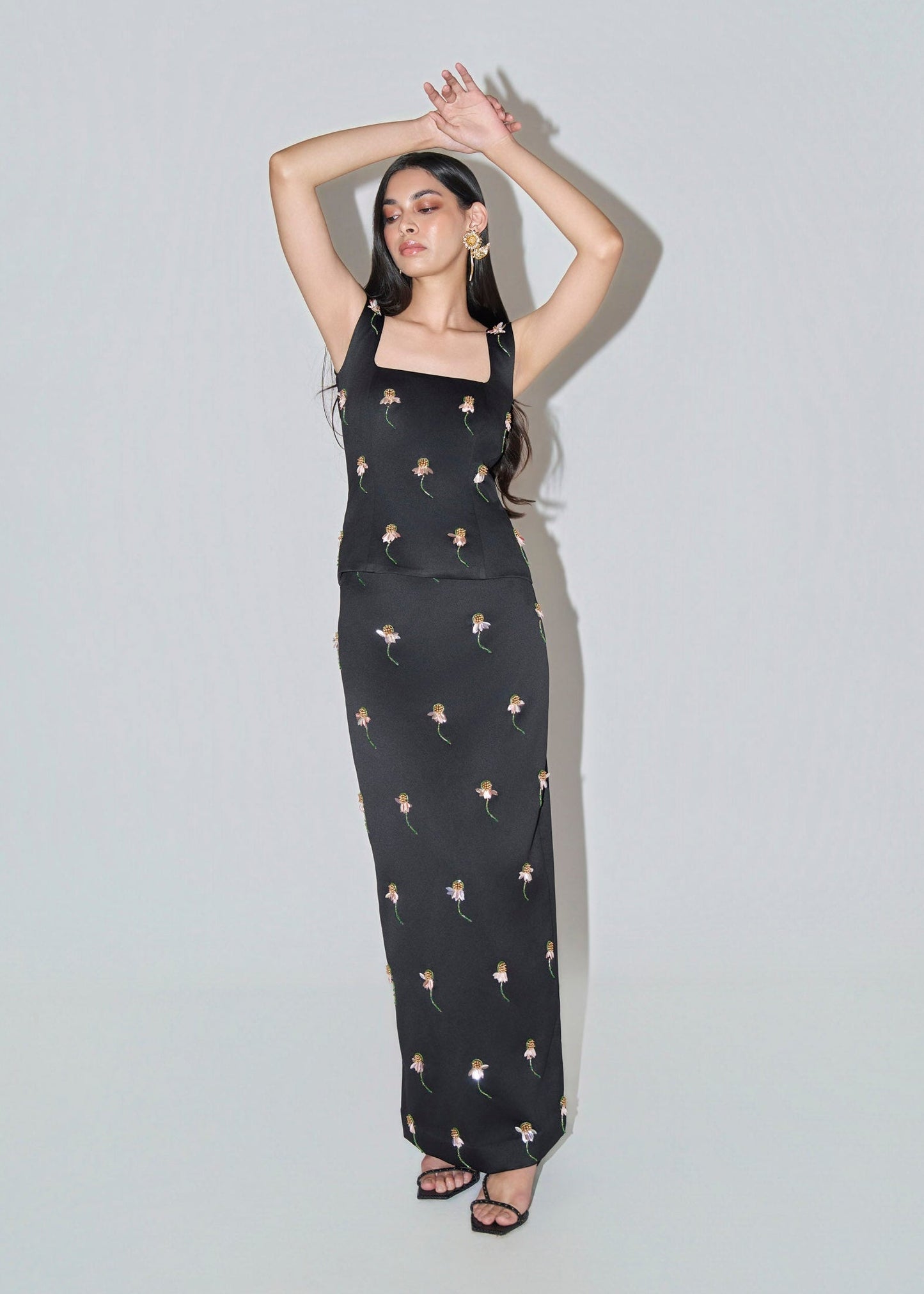 Black Hand-Embellished Floral Coord Set