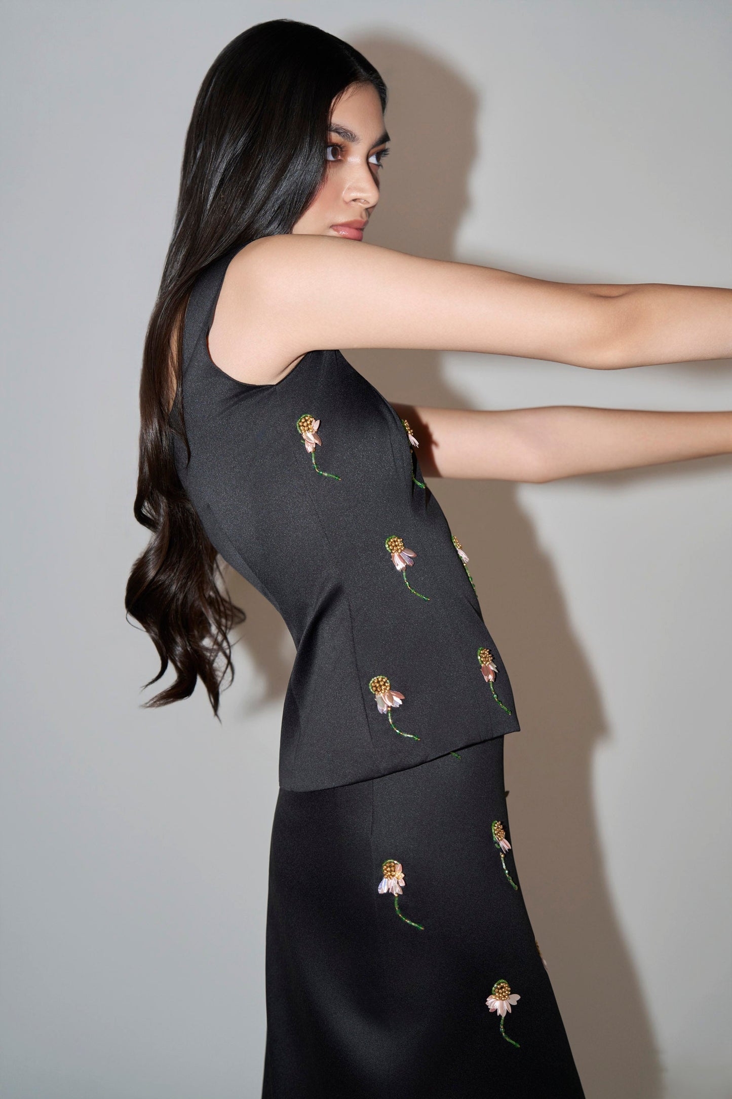 Black Hand-Embellished Floral Coord Set