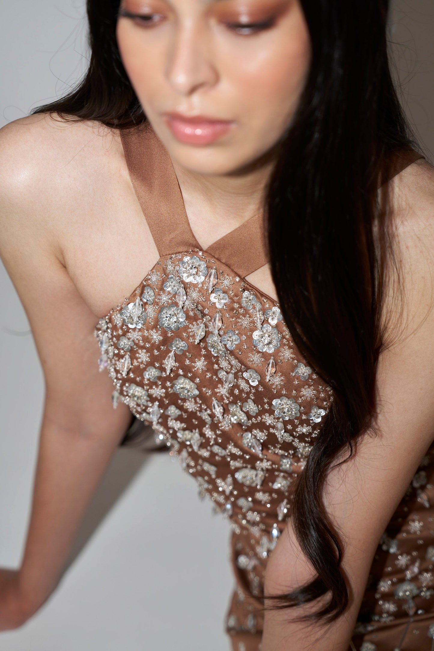 Hand-Embellished Brown Mini Dress
