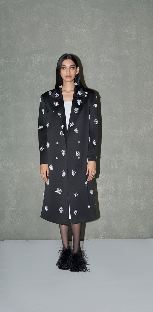 Black Hand-Embellished Floral Long Coat