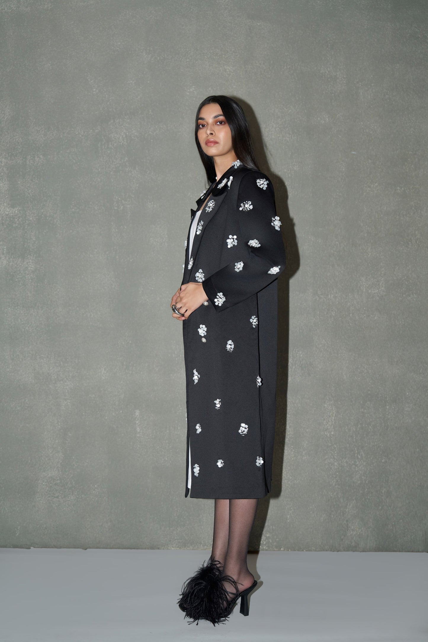Black Hand-Embellished Floral Long Coat